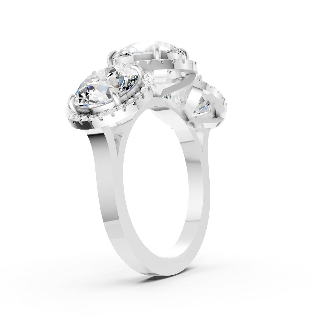 Three Stone Round Cut Diamond Halo Engagement  Ring