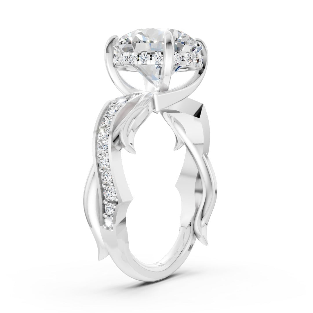 Nature Inspired Round Diamond Hidden Halo Criss-Cross Shank Ring