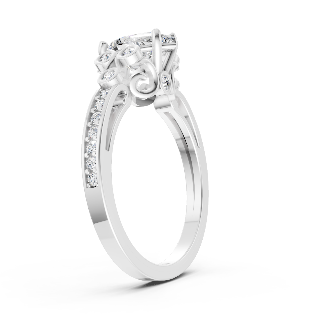 Pear Cut Diamond With Bezel Cluster & Scroll Gallery Ring