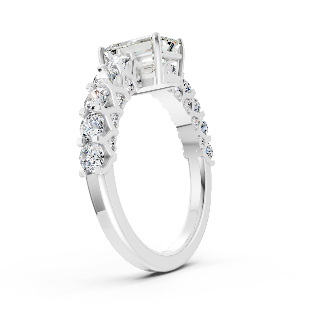Emerald Cut Diamond With Scalloped Graduated Shank Ring