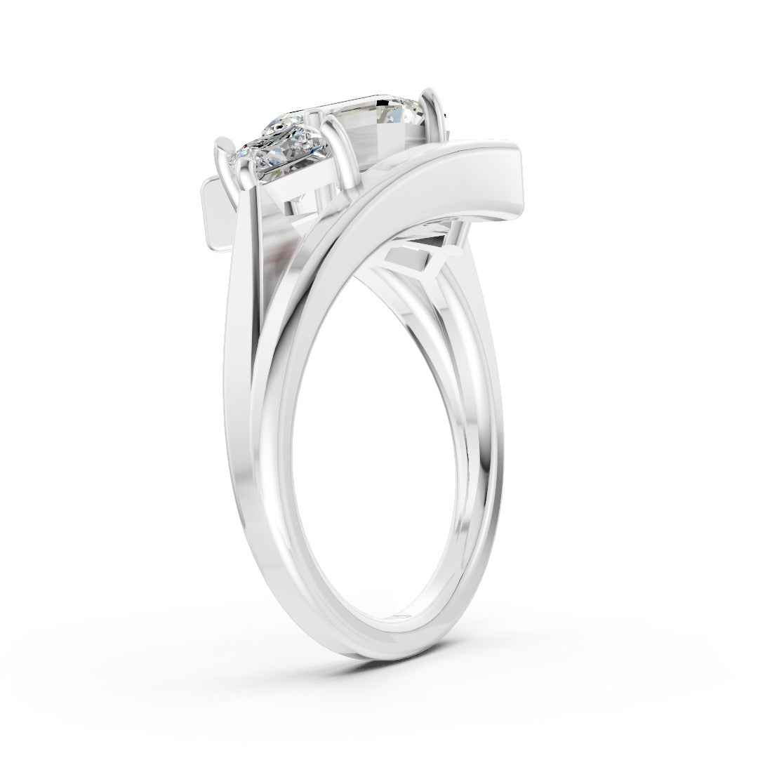 Emerald and Princess Cut Diamond Three-Stone Bypass Ring