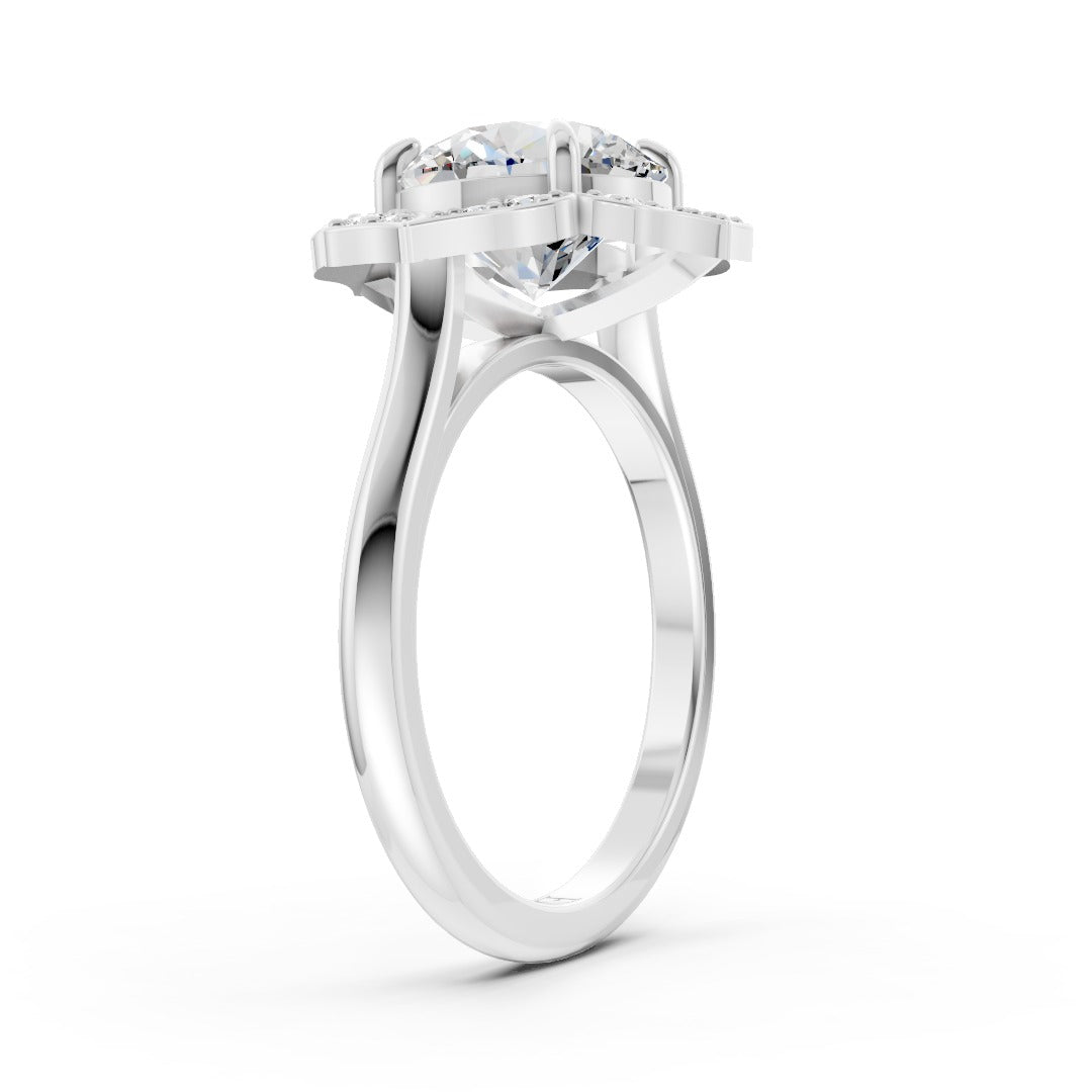 Round Cut Diamond Floral Halo Cathedral Shank Ring