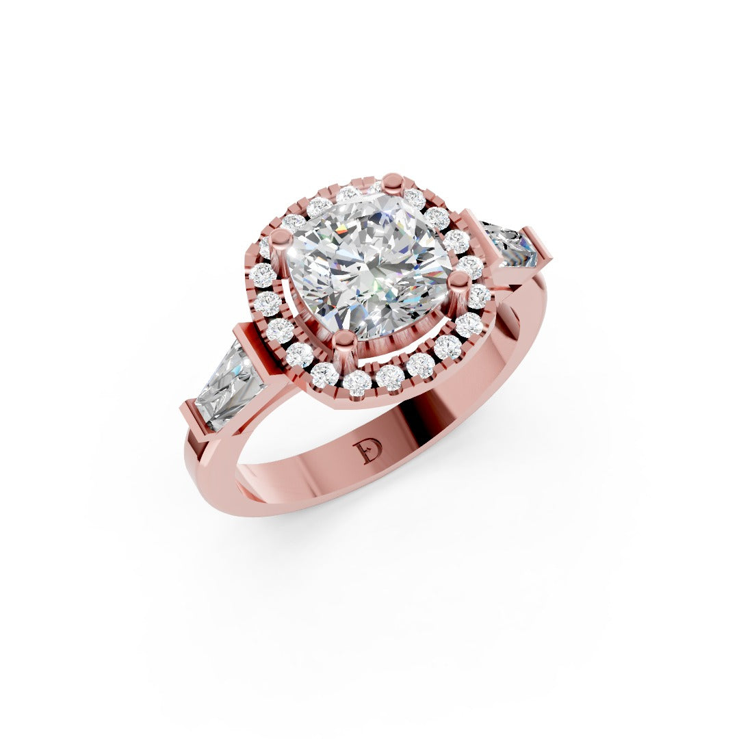 Cushion Cut Diamond Halo Ring With Tapper Baguette