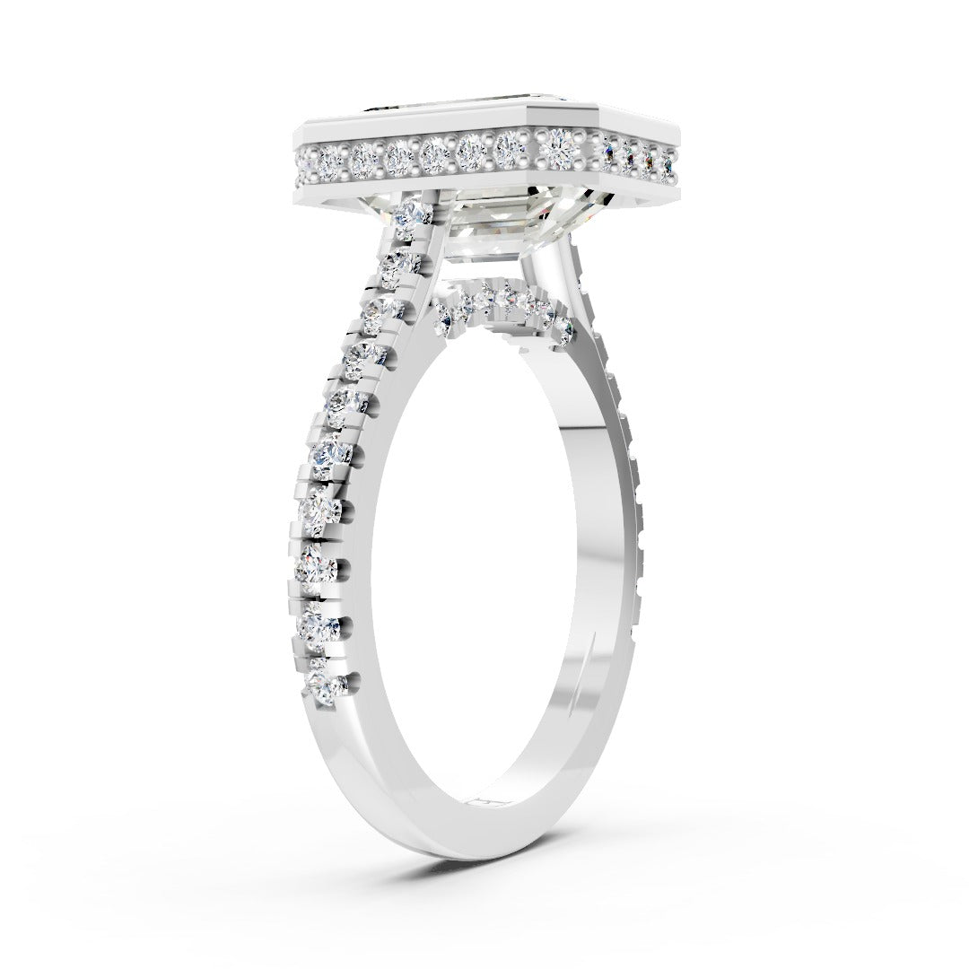 Emerald Brilliant Diamond Bezel Engagement Ring with Hidden Halo Diamond