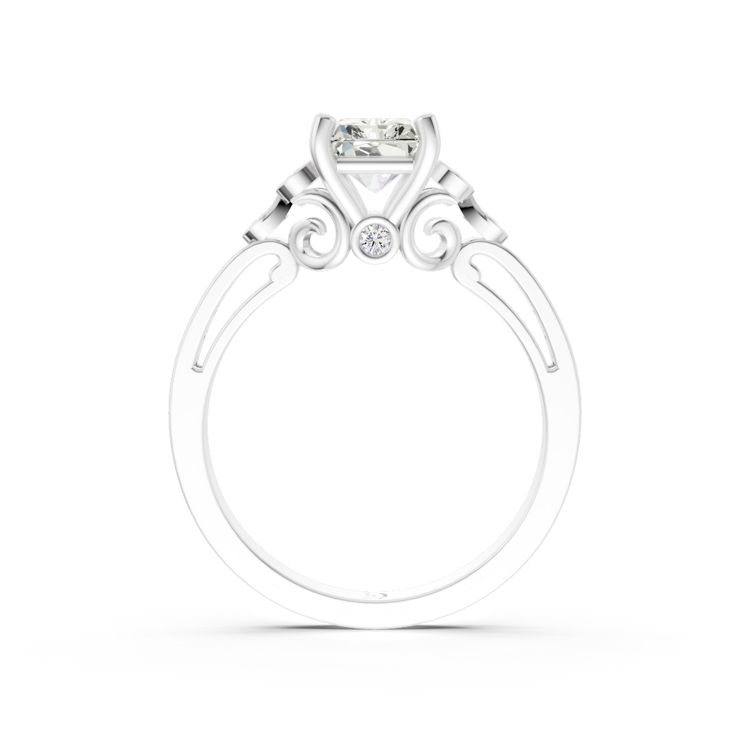 Radiant Cut Diamond With Bezel Cluster & Scroll Gallery Ring