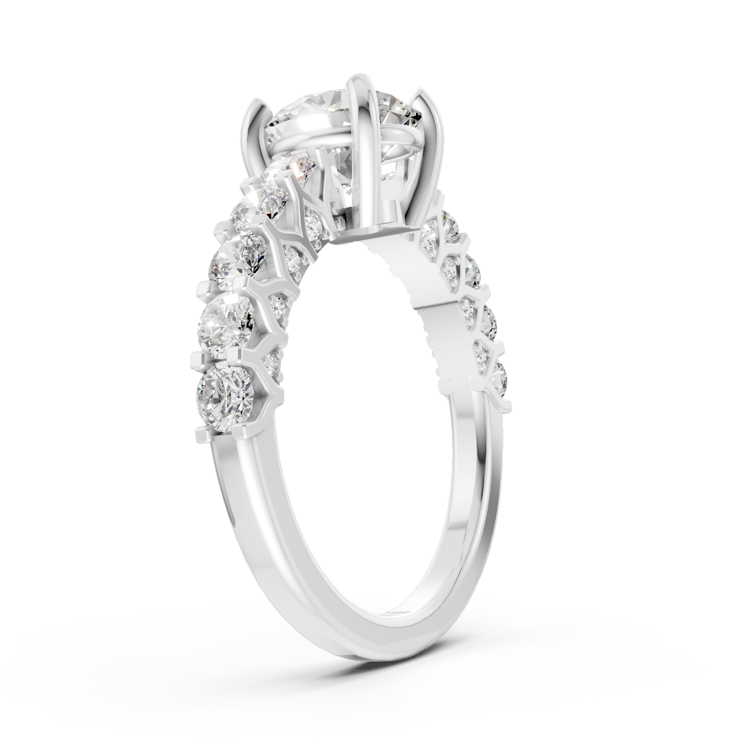 Round Cut Diamond With Scalloped Graduated Shank Ring