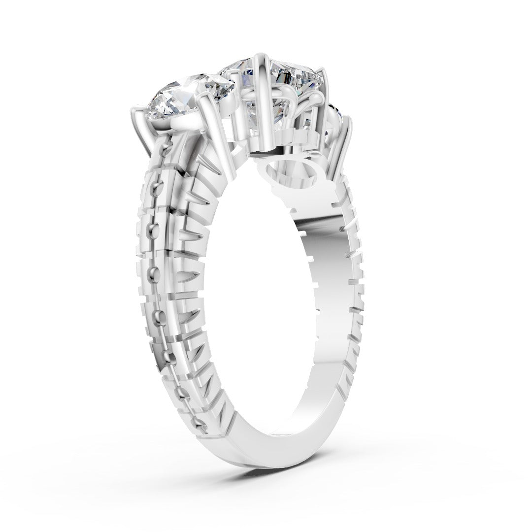 Heart Cut Three-Stone With Ribbed Textured Band Ring
