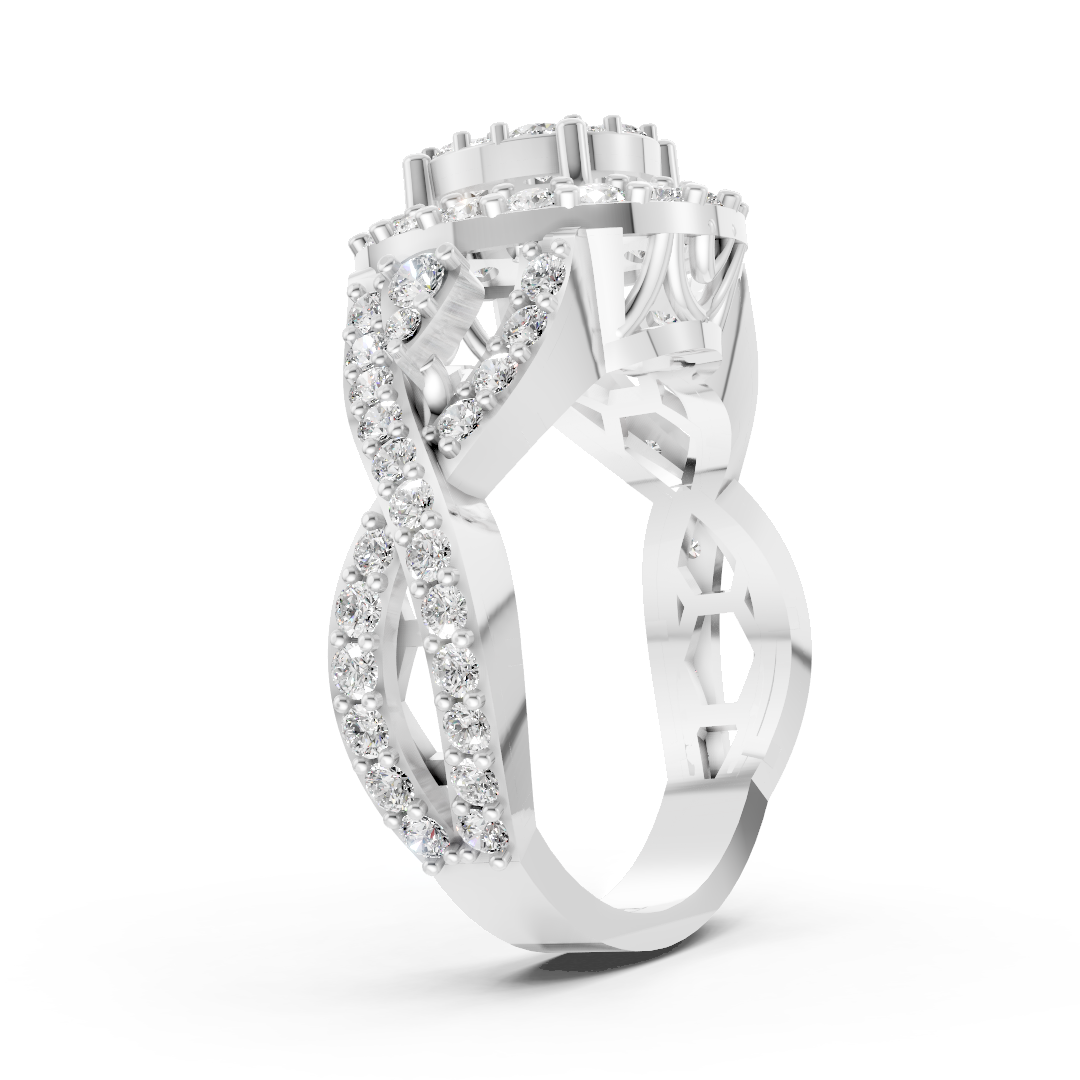 Round Diamond Composite Halo Ring with Intertwined Triple Row Pave Band