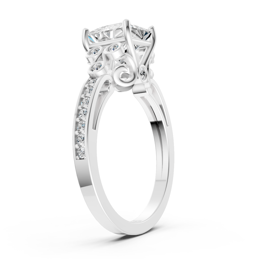 Princess Cut Diamond With Bezel Cluster & Scroll Gallery Ring