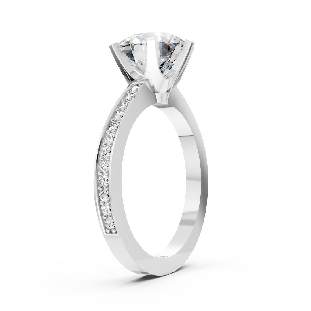 6-Prong Round Cut Diamond Ring With Pave Set Side Stones