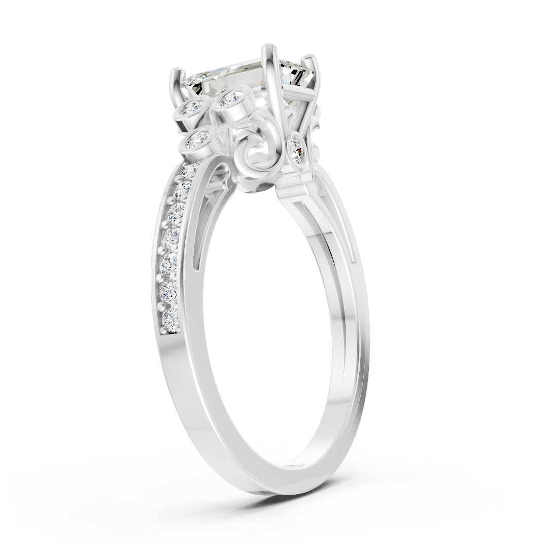 Emerald Cut Diamond With Bezel Cluster & Scroll Gallery Ring