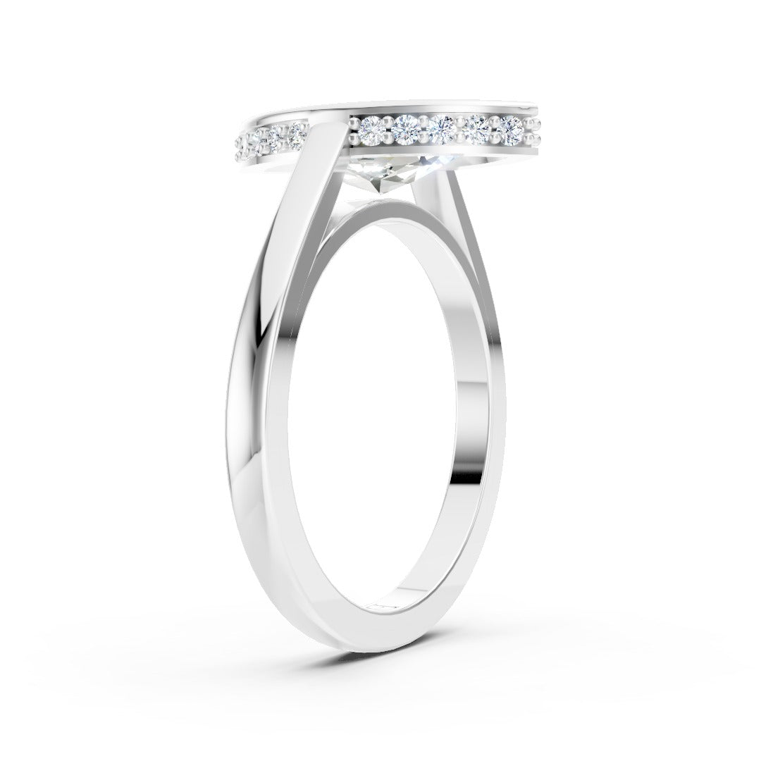 Bezel Set Marquise Brilliant Solitaire Diamond Hidden Halo Engagement Ring