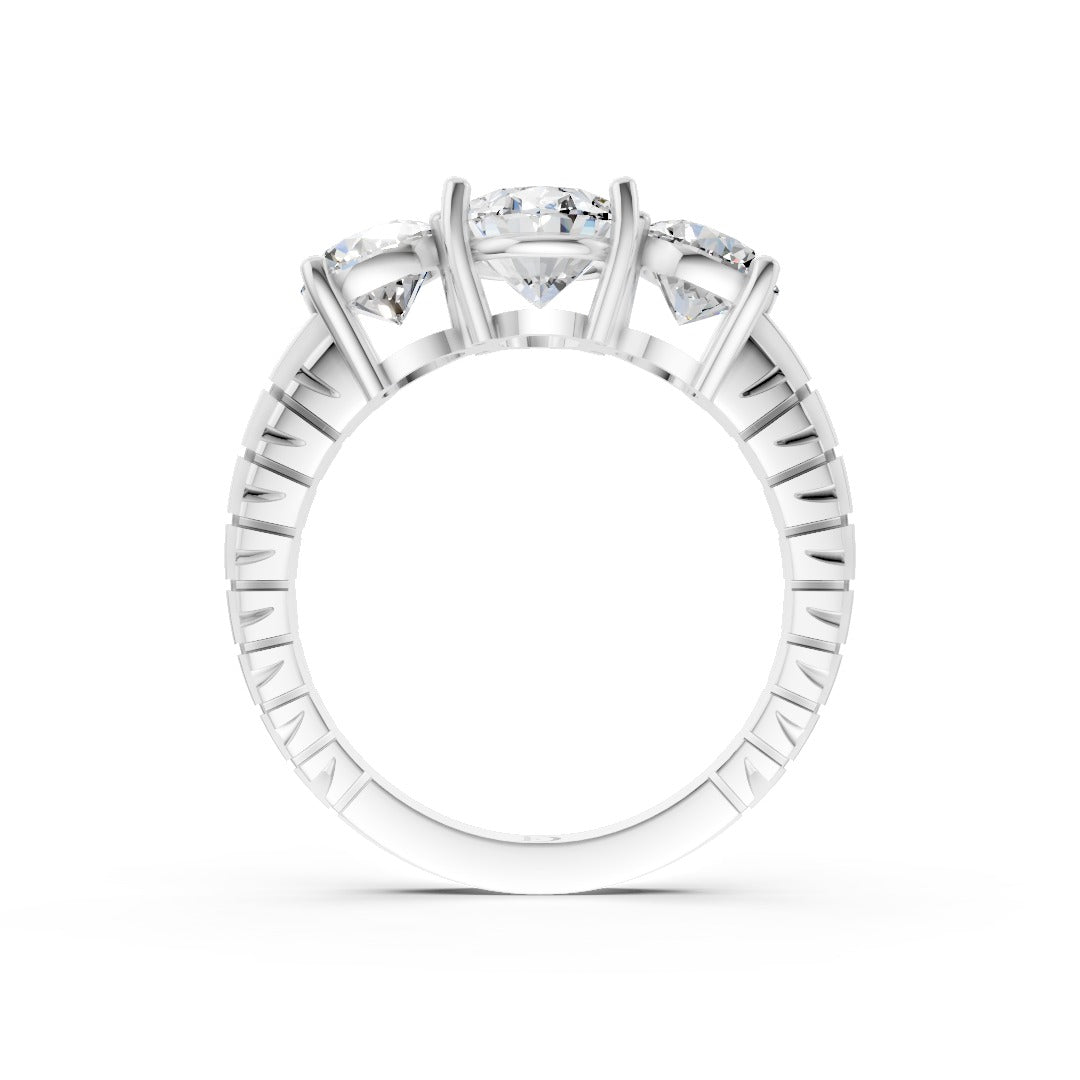 Oval Cut Three-Stone With Ribbed Textured Band Ring
