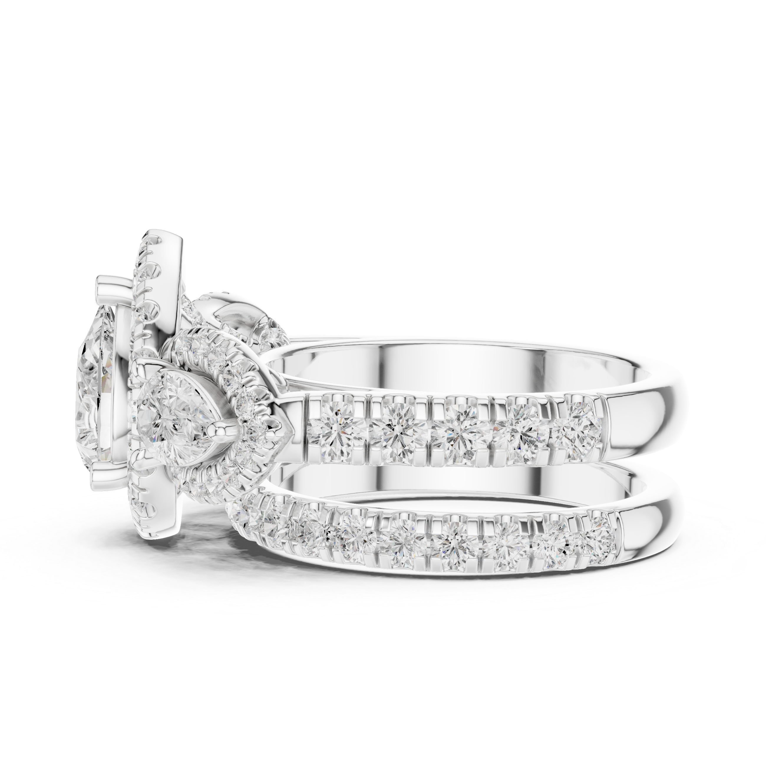 Pear Cut Three Stone Halo Diamond Bridal Ring