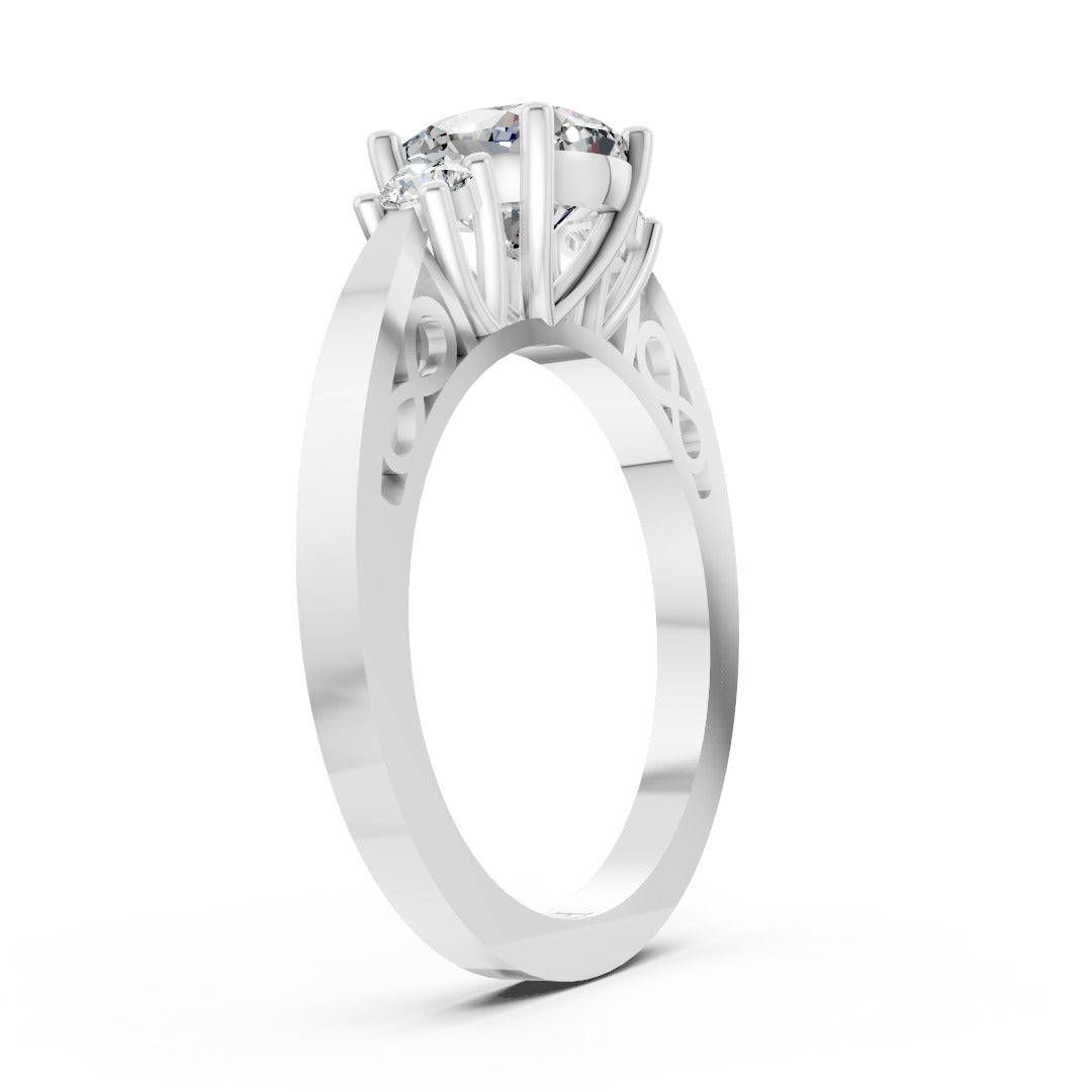 Three-Stone Cushion Cut Diamond With Filigree Infinity Band Ring