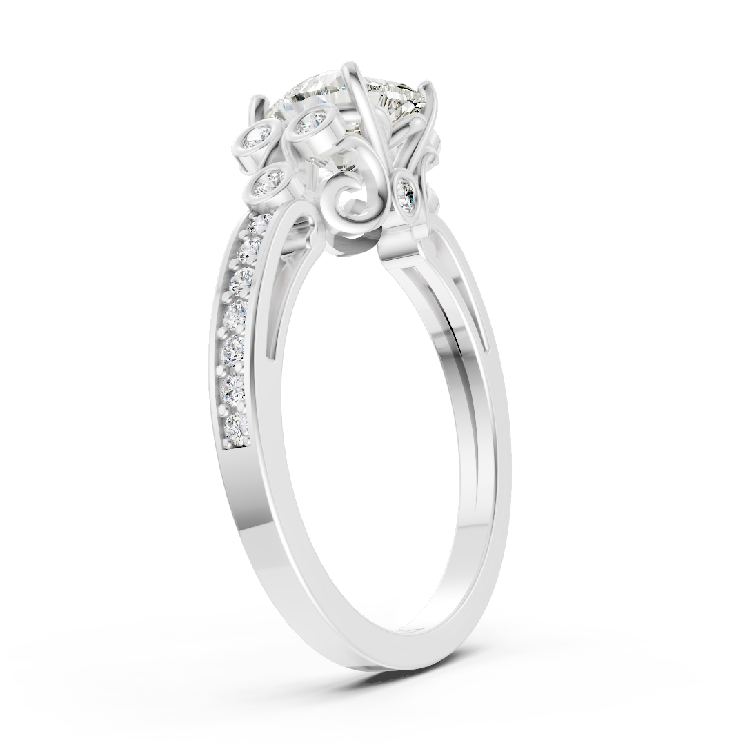 Heart Cut Diamond With Bezel Cluster & Scroll Gallery Ring
