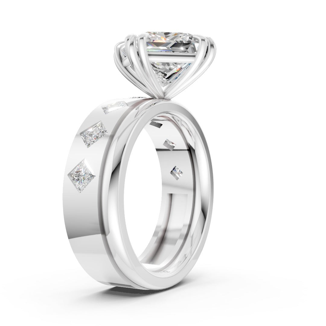 Princess Cut Bridal Set Ring With Diamond Flush Set Wedding Band
