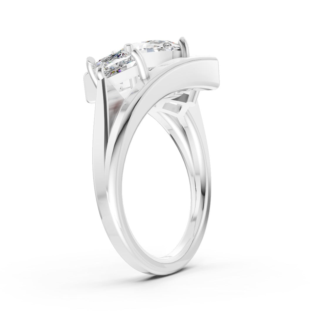 Oval and Princess Cut Diamond Three-Stone Bypass Ring