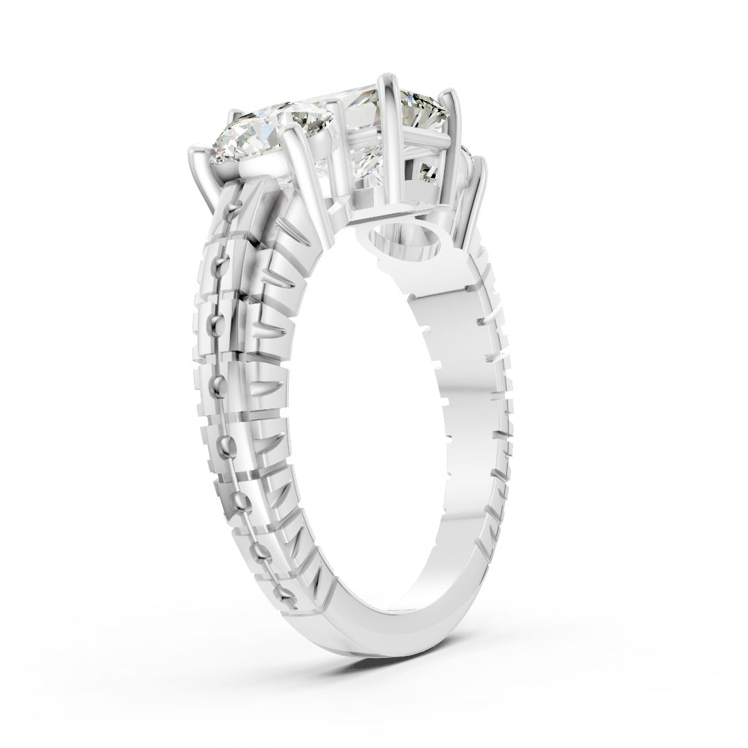 Radiant Cut Three-Stone With Ribbed Textured Band Ring