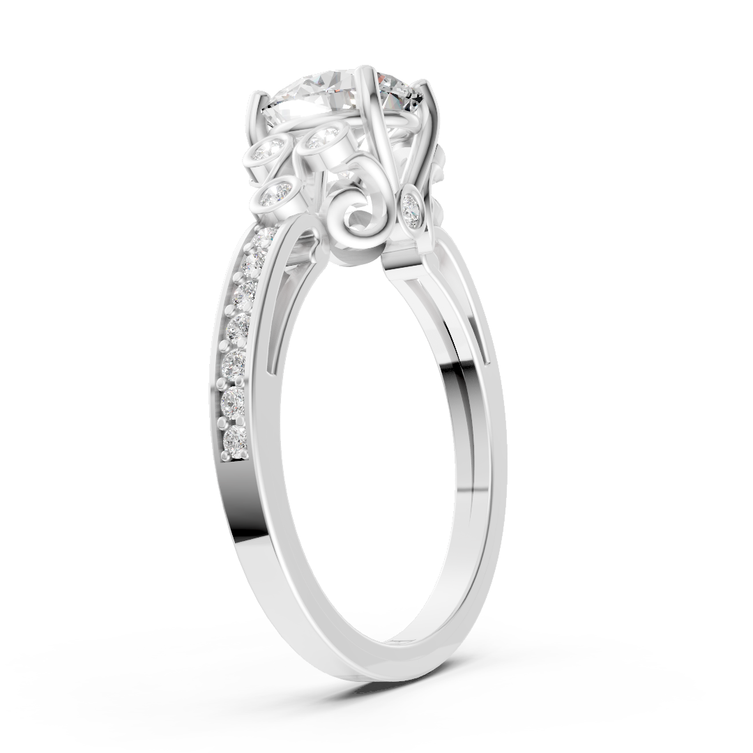 Round Cut Diamond With Bezel Cluster & Scroll Gallery Ring