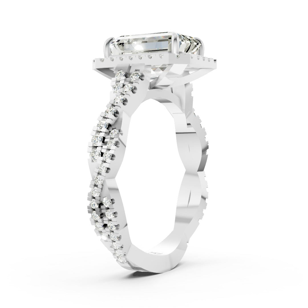 Emerald Cut Diamond Halo with Twisted Pave Ring