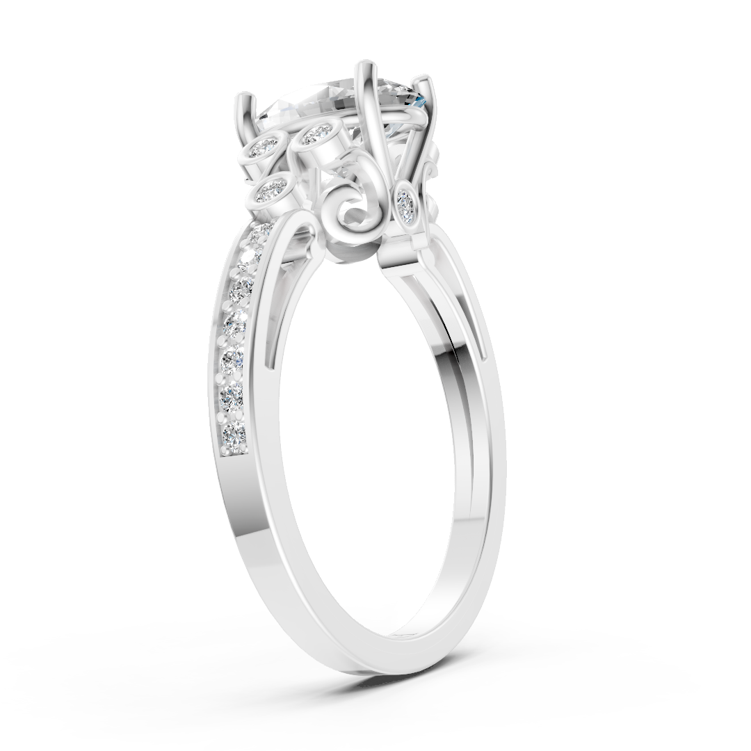 Oval Cut Diamond With Bezel Cluster & Scroll Gallery Ring