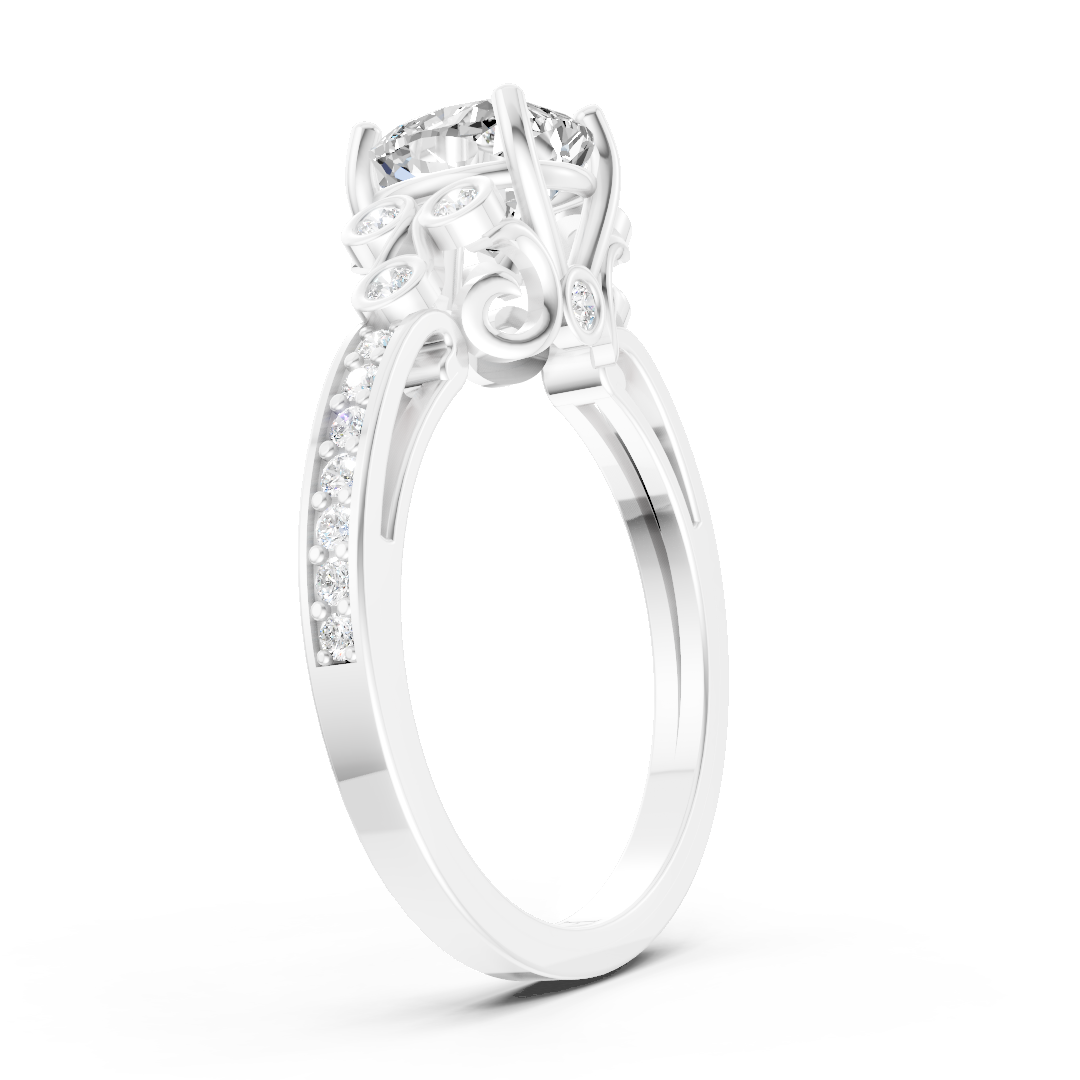 Cushion Cut Diamond With Bezel Cluster & Scroll Gallery Ring