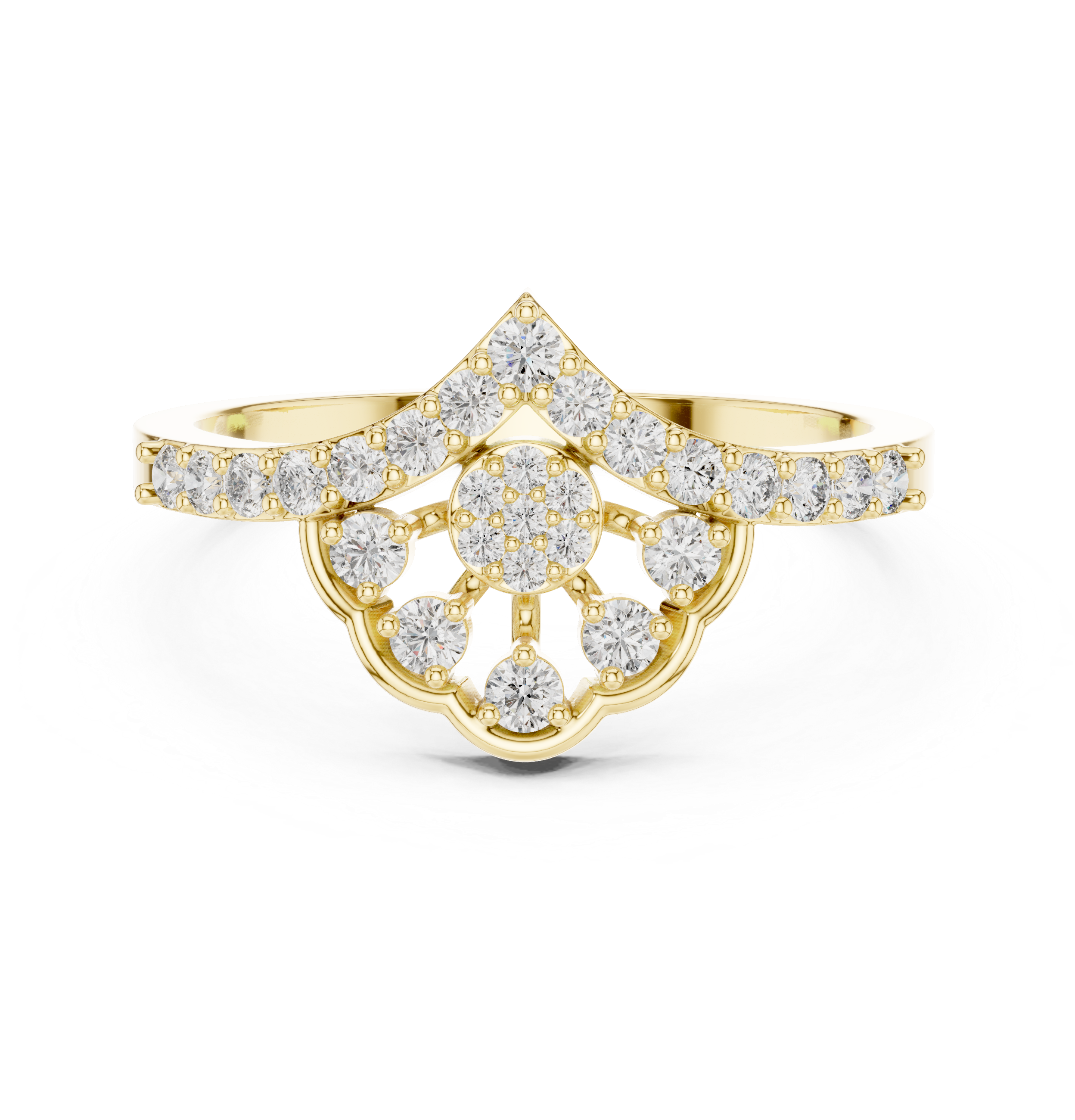 Art Deco V-Shaped Round Diamond Scalloped Ring