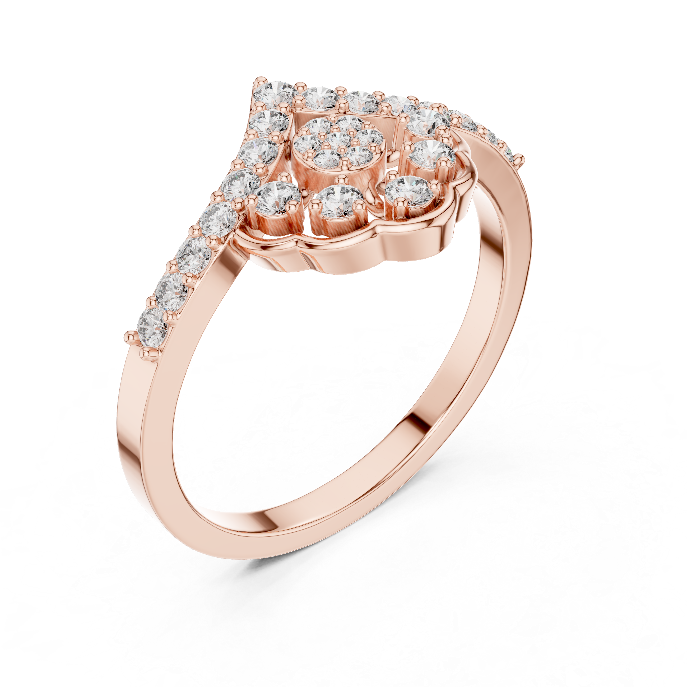 Art Deco V-Shaped Round Diamond Scalloped Ring