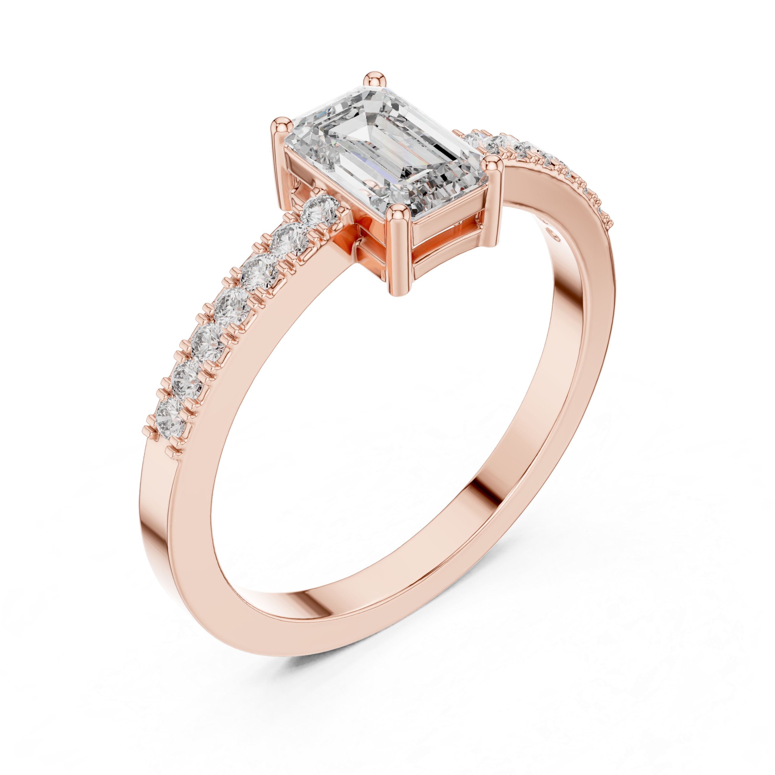 Emerald Cut Diamond Solitaire Pave Set Engagement Ring