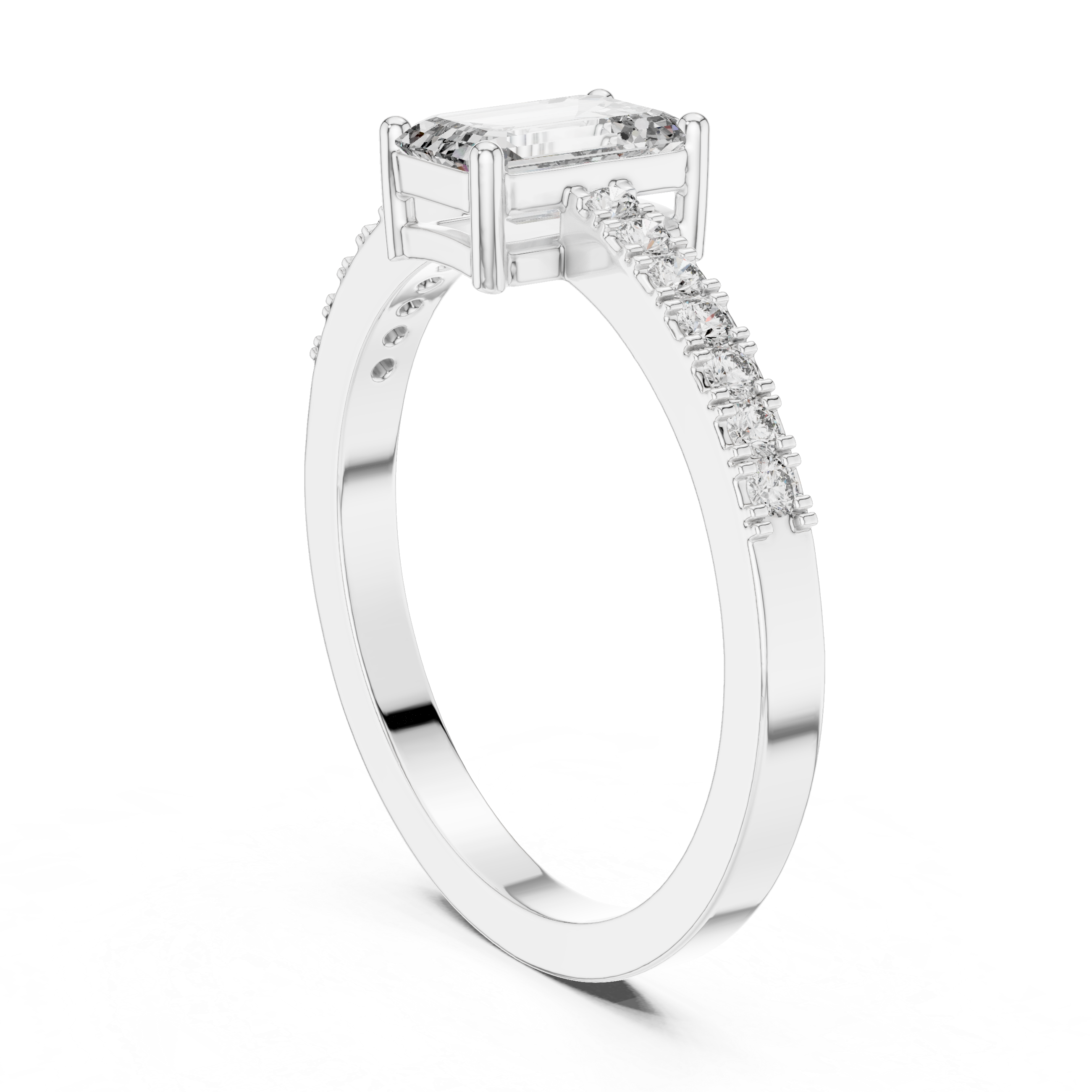 Emerald Cut Diamond Solitaire Pave Set Engagement Ring