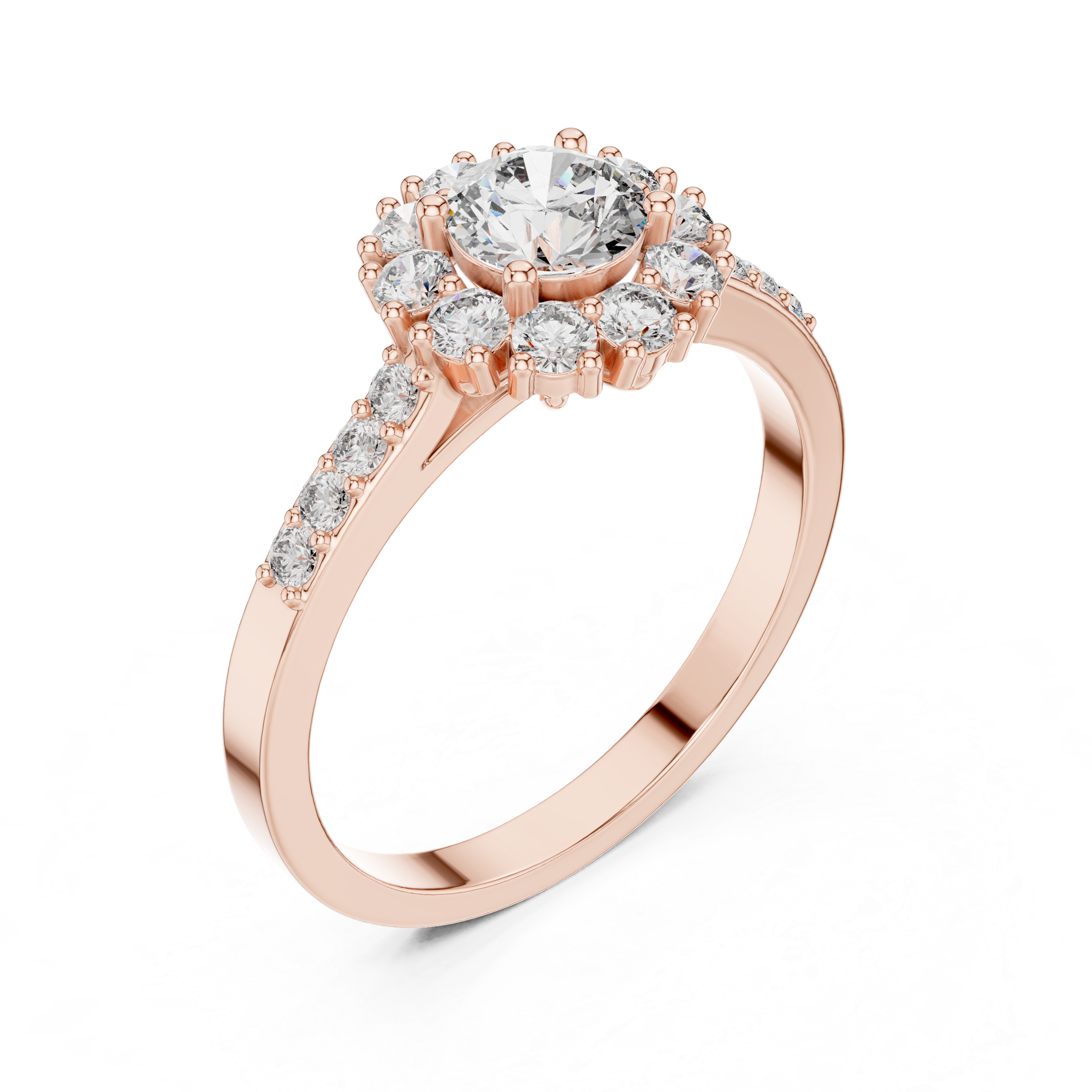 Round Cut Diamond Floral Cluster Cathedral Shank Engagement Ring