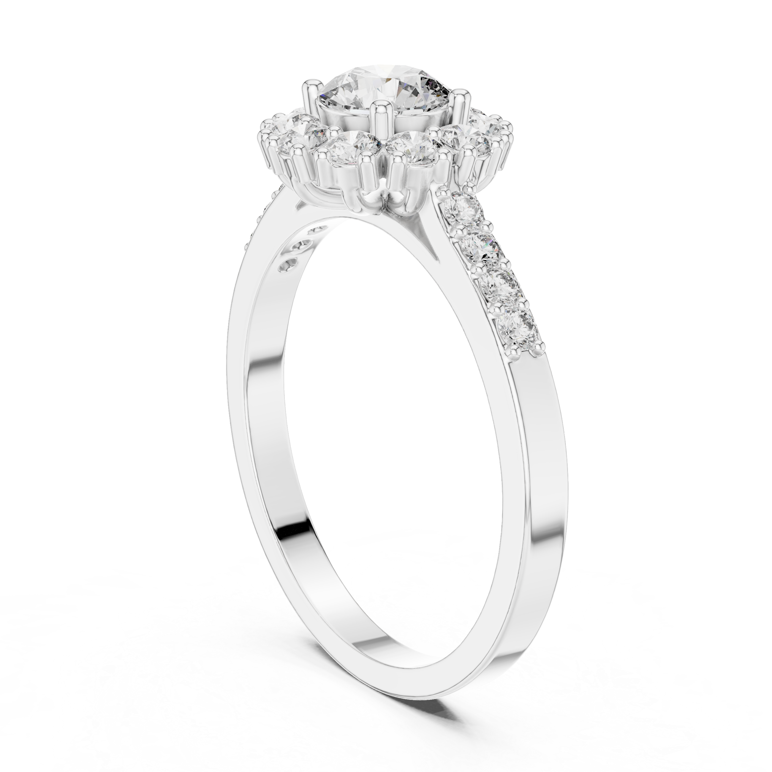 Round Cut Diamond Floral Cluster Cathedral Shank Engagement Ring
