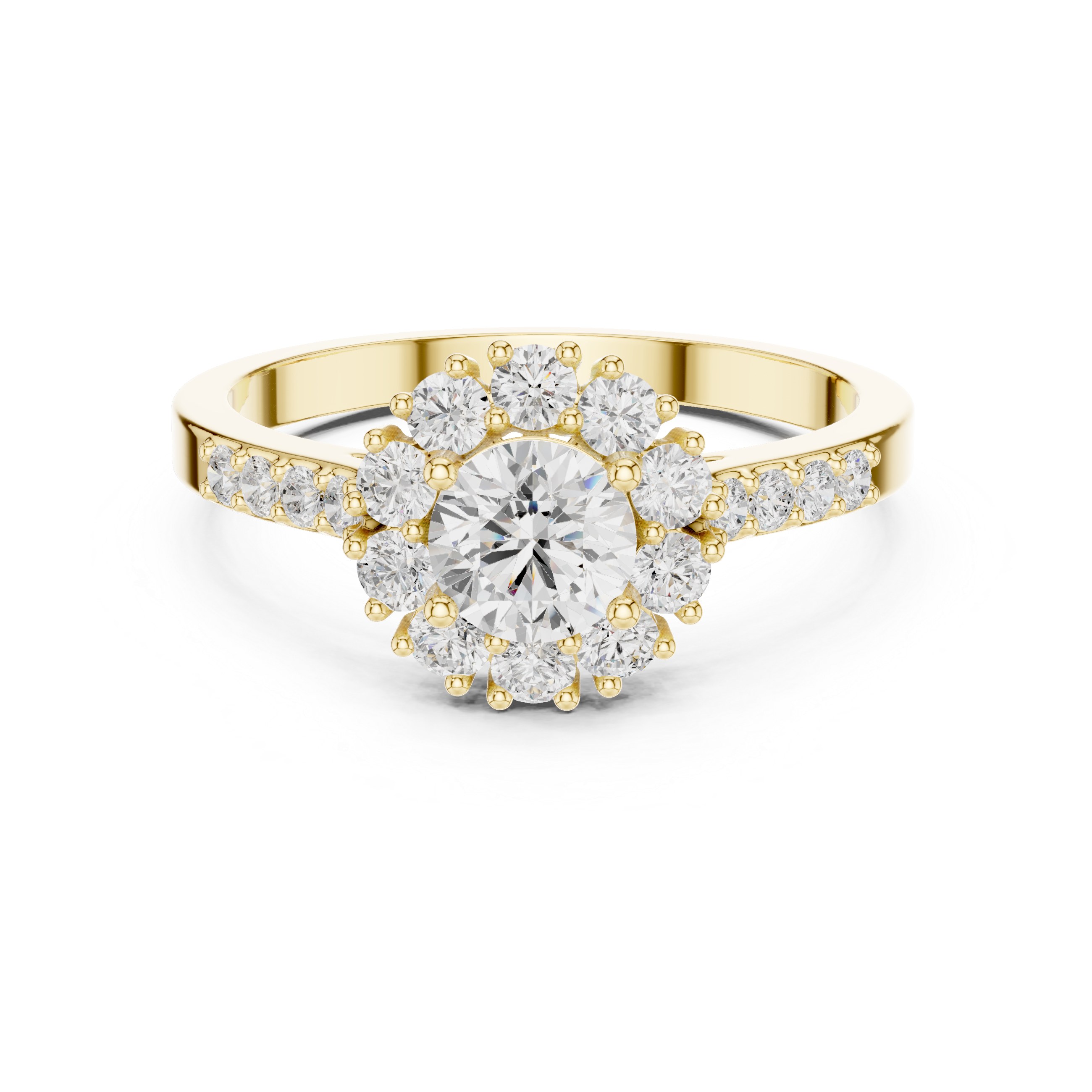Round Cut Diamond Floral Cluster Cathedral Shank Engagement Ring
