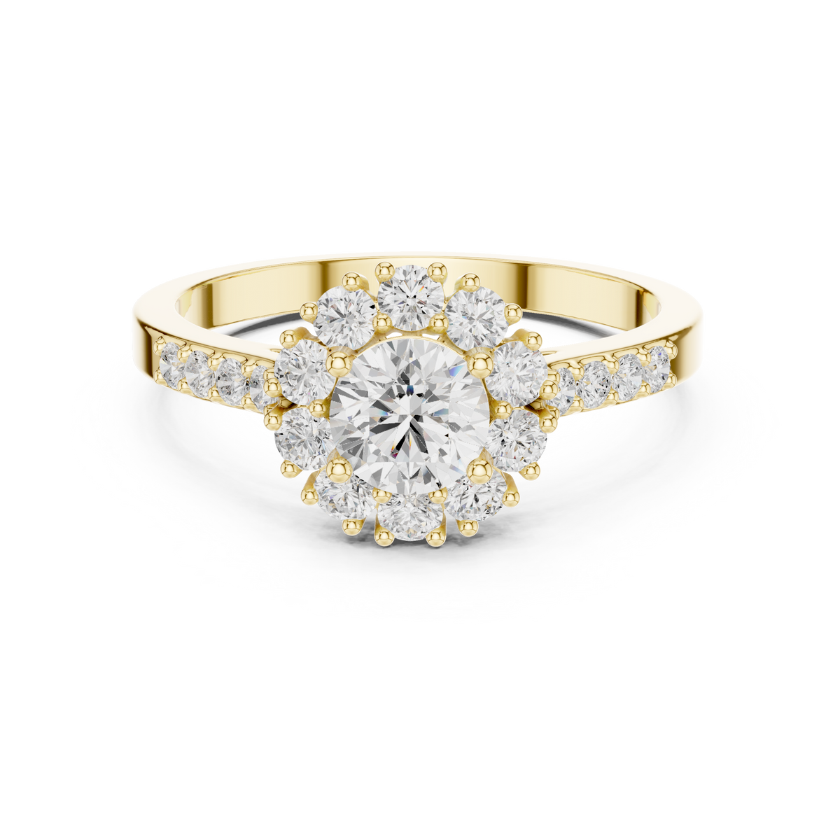 Round Cut Diamond Floral Cluster Cathedral Shank Engagement Ring