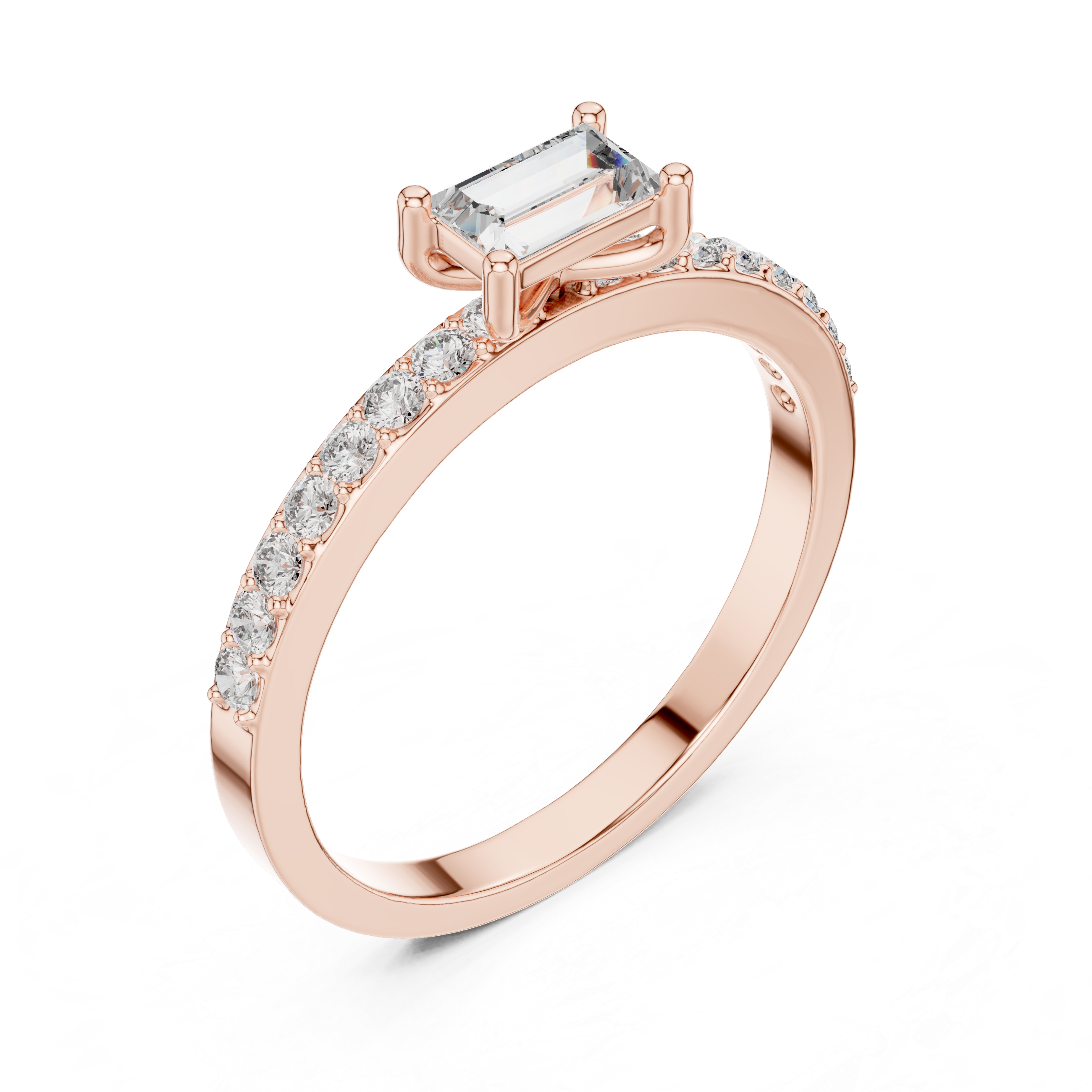 Horizontal Emerald Cut Pave Set Diamond Ring