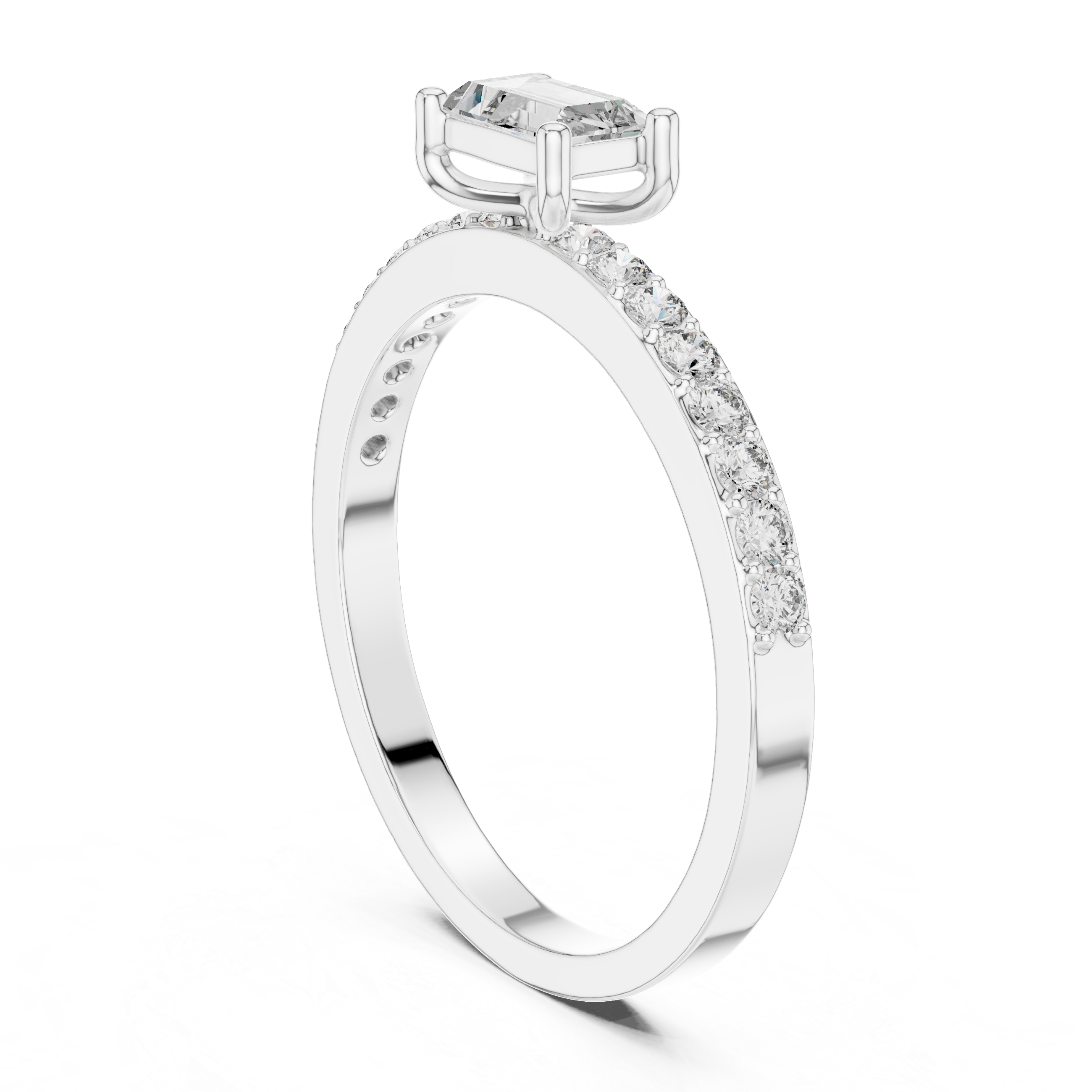 Horizontal Emerald Cut Pave Set Diamond Ring