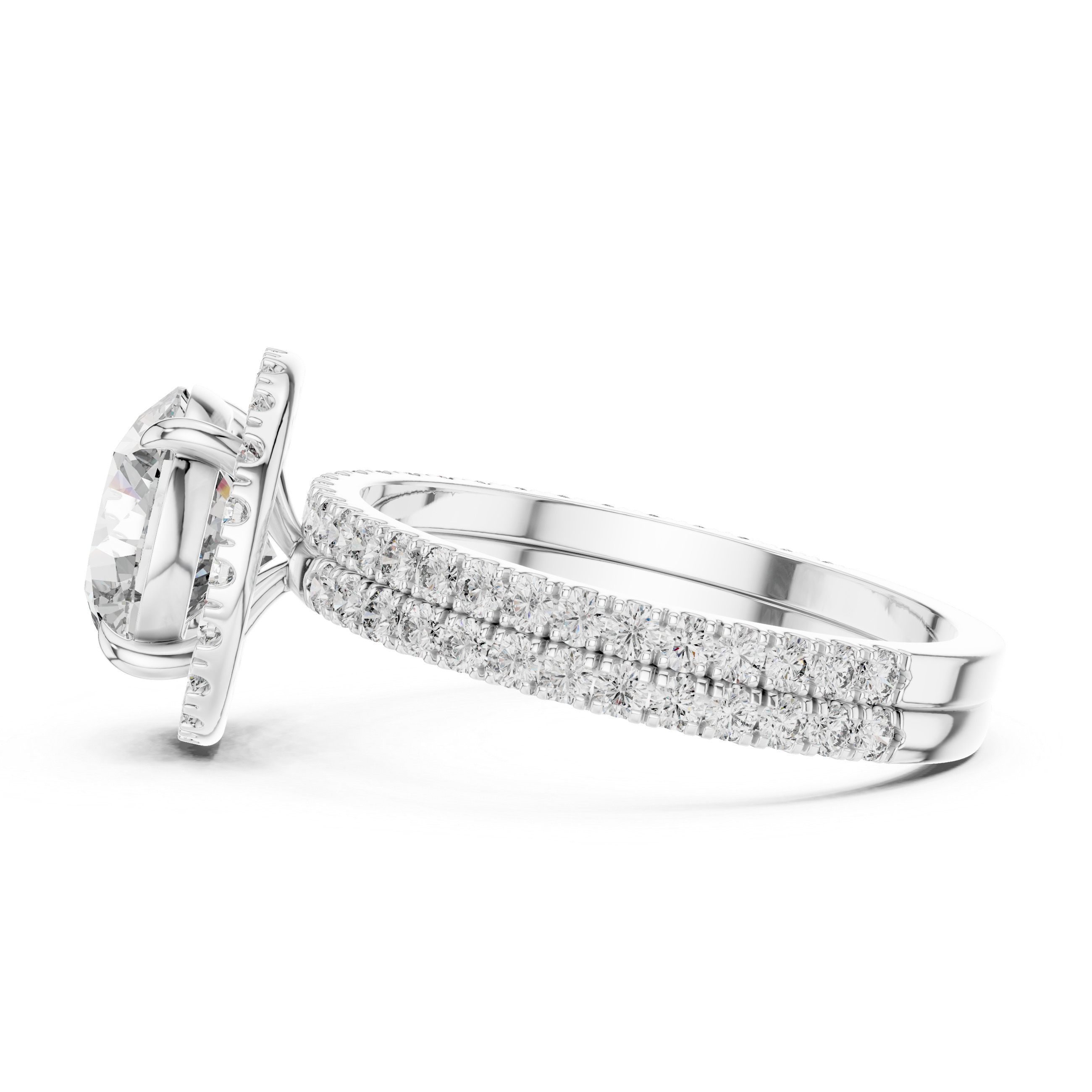 Round Diamond Halo Double Row Pave Band Ring Set