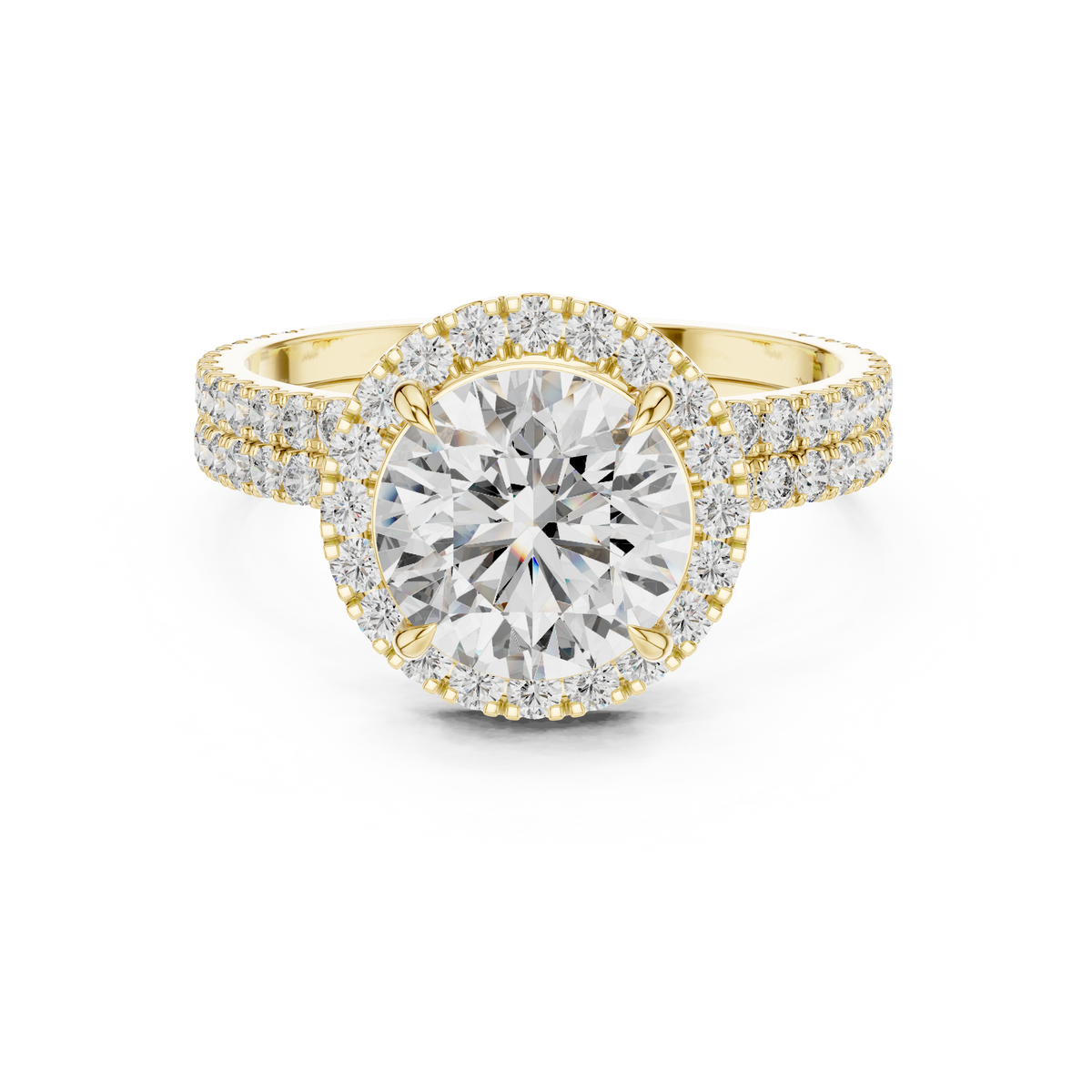 Round Diamond Halo Double Row Pave Band Ring Set