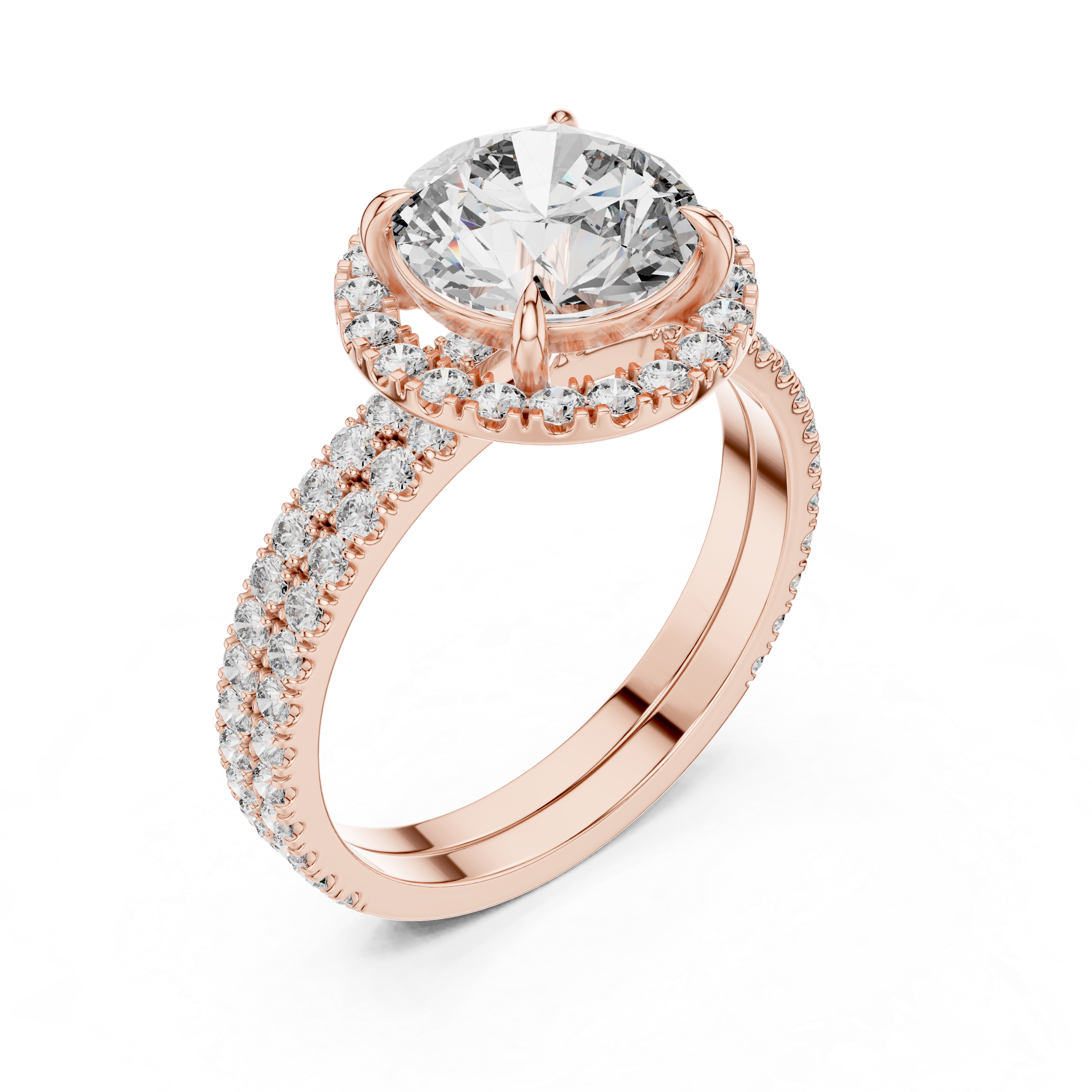 Round Diamond Halo Double Row Pave Band Ring Set