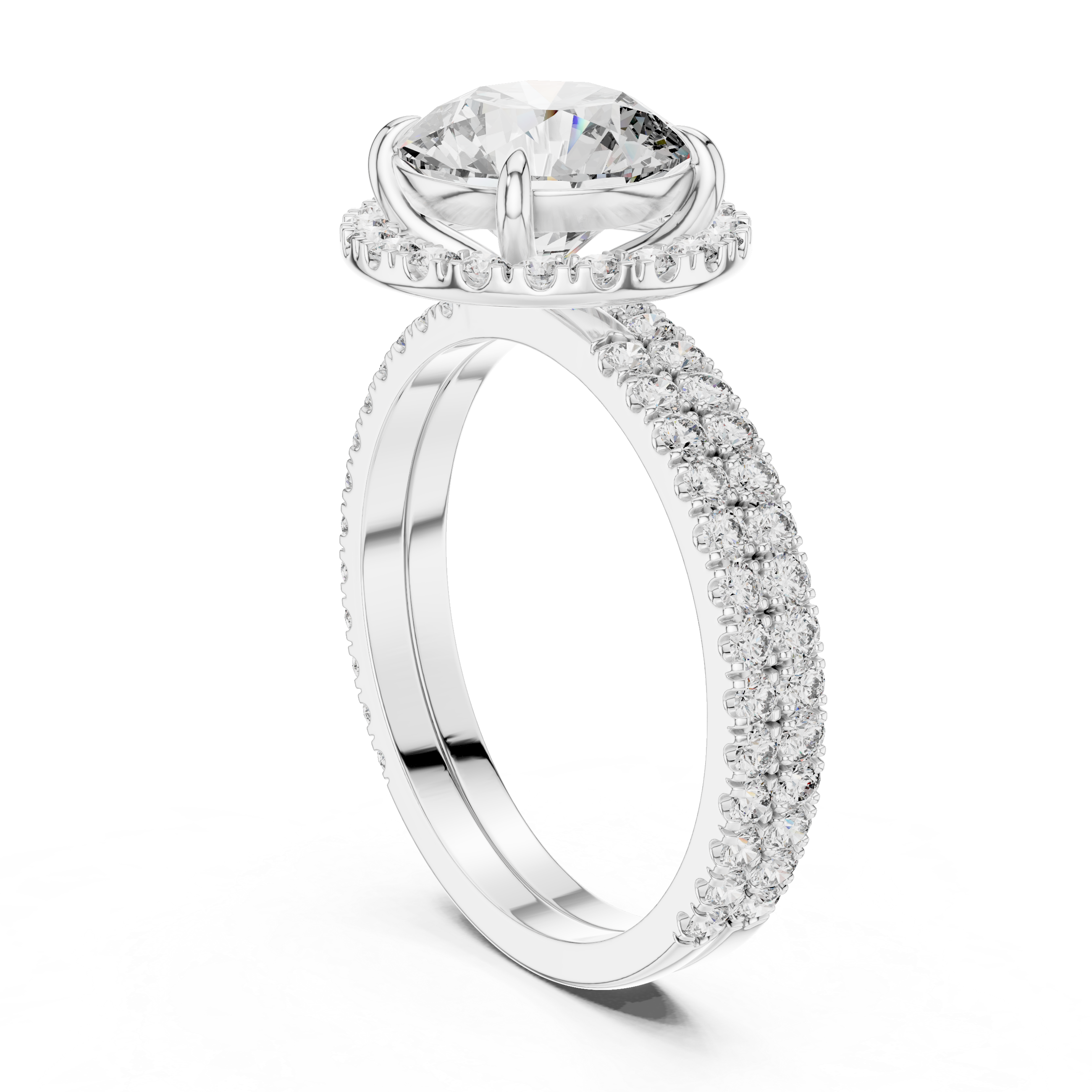 Round Diamond Halo Double Row Pave Band Ring Set