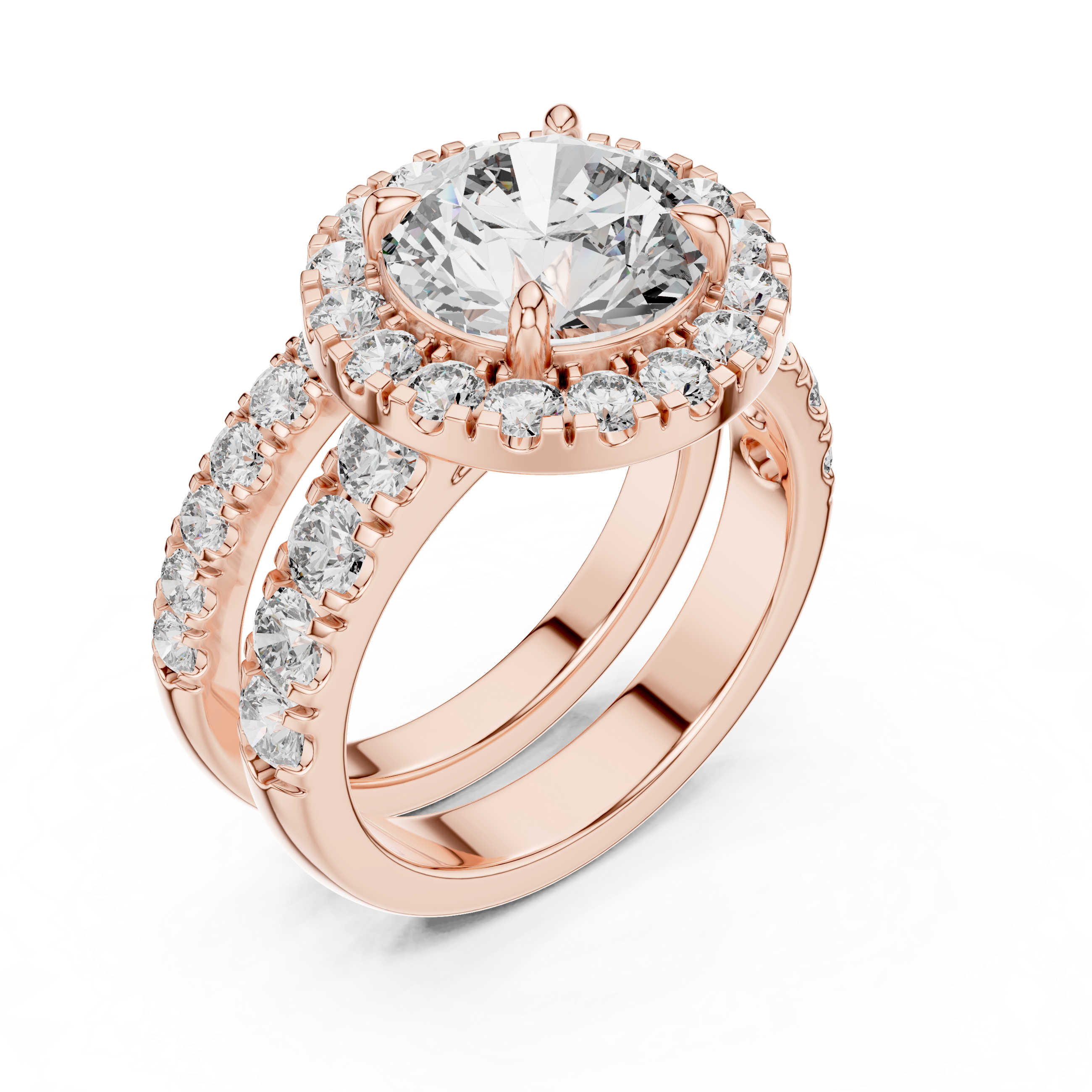 Round Diamond Halo Bridal Set With Matching Band