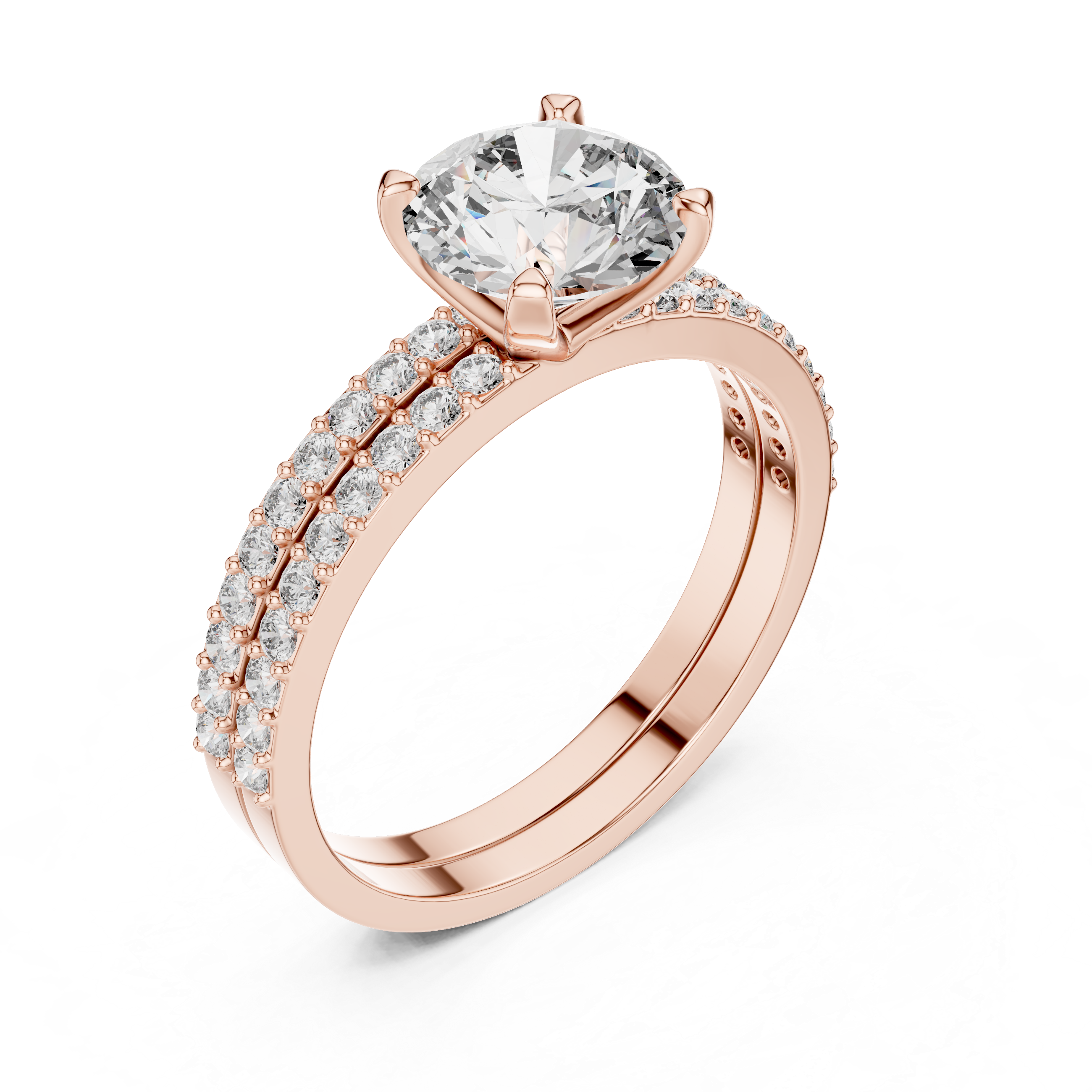 Two-Row Band Round Cut Diamond Bridal Ring Set