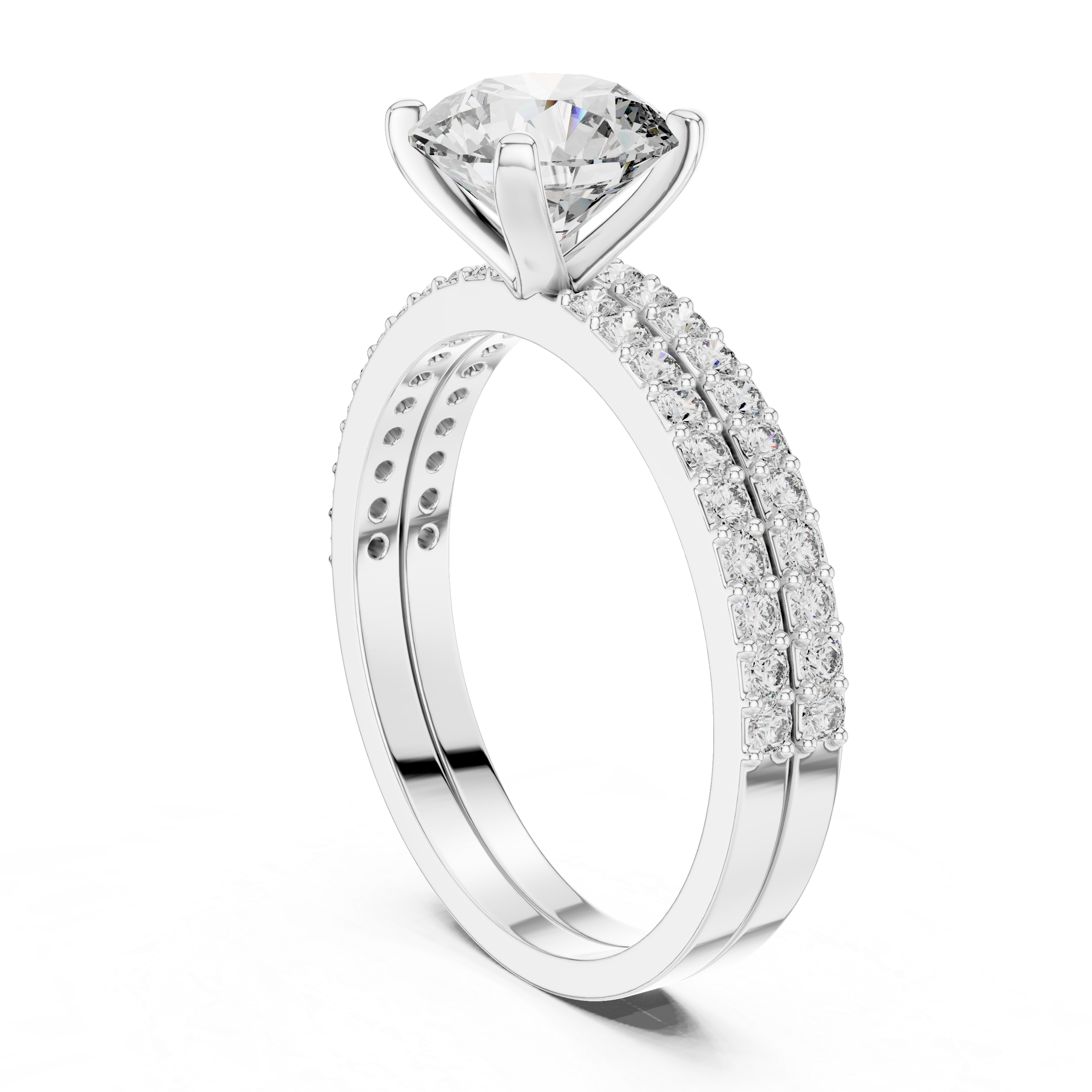 Two-Row Band Round Cut Diamond Bridal Ring Set