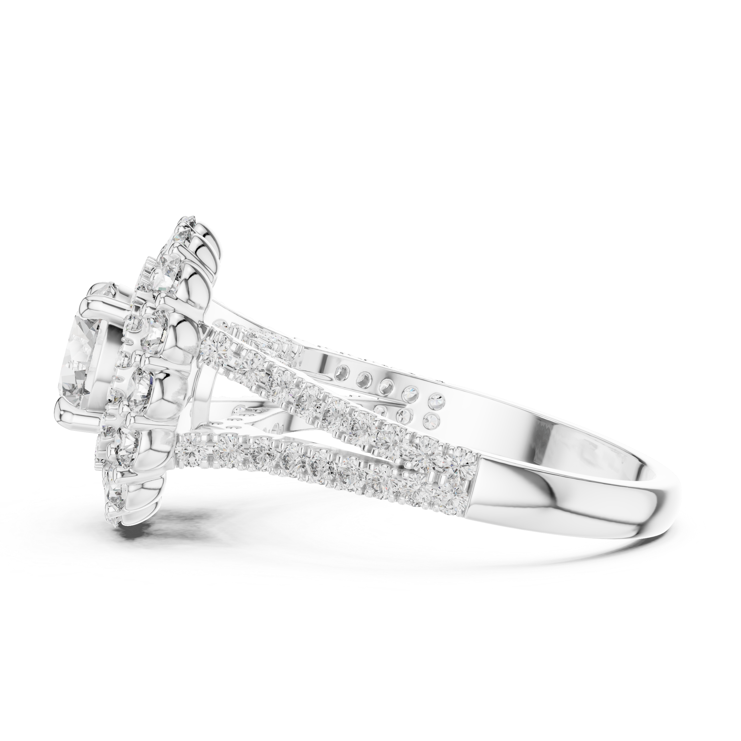 Round Cut Split Shank Double Halo Ring