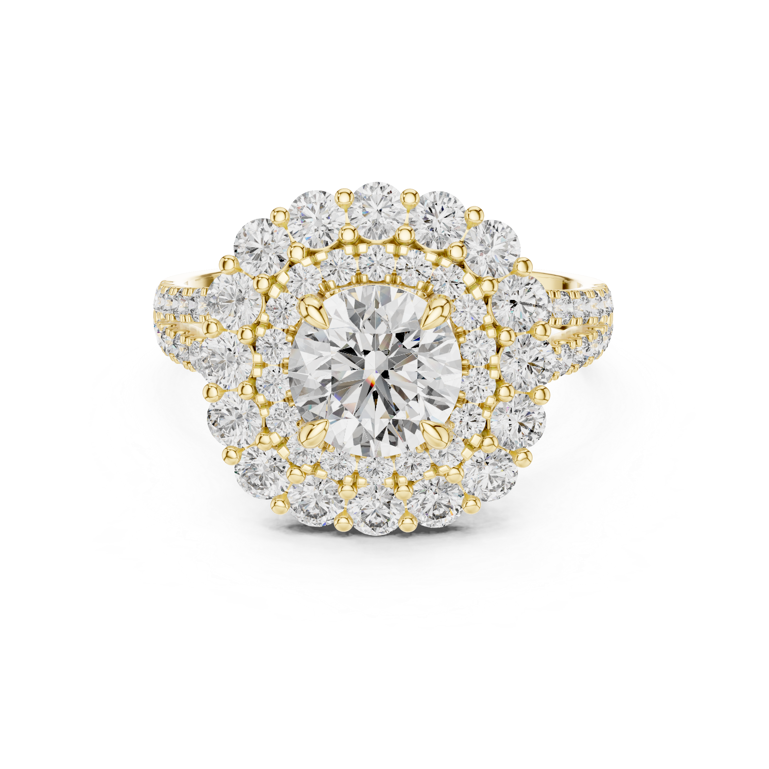 Round Cut Split Shank Double Halo Ring