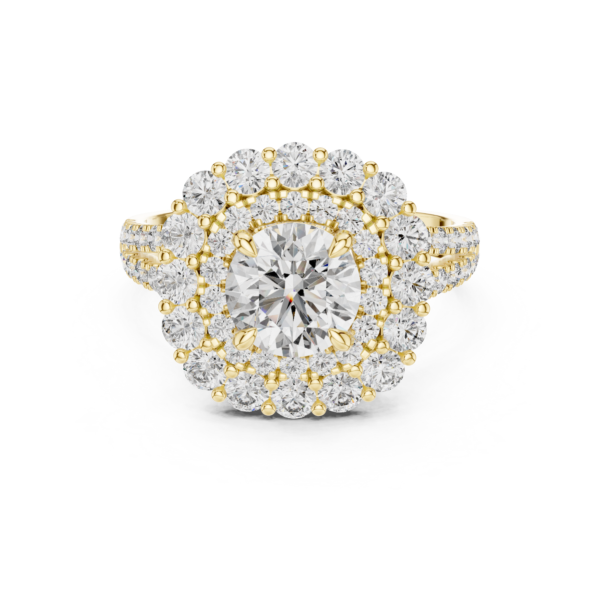 Round Cut Split Shank Double Halo Ring