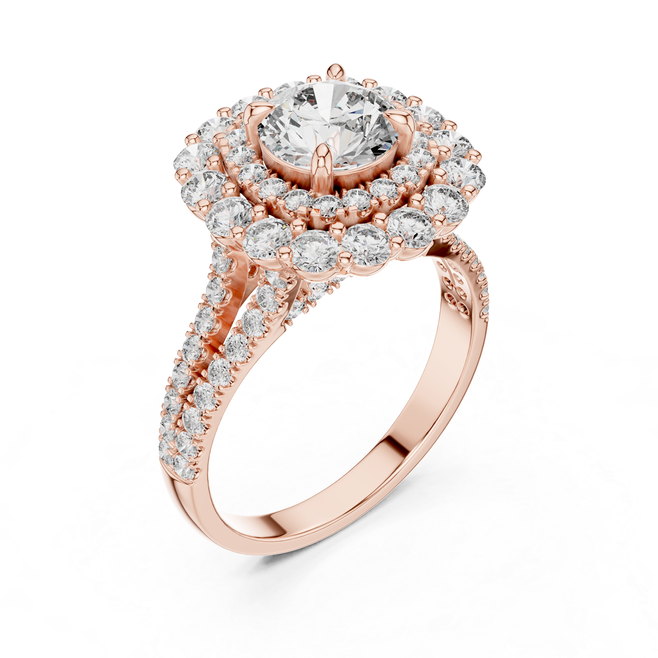 Round Cut Split Shank Double Halo Ring