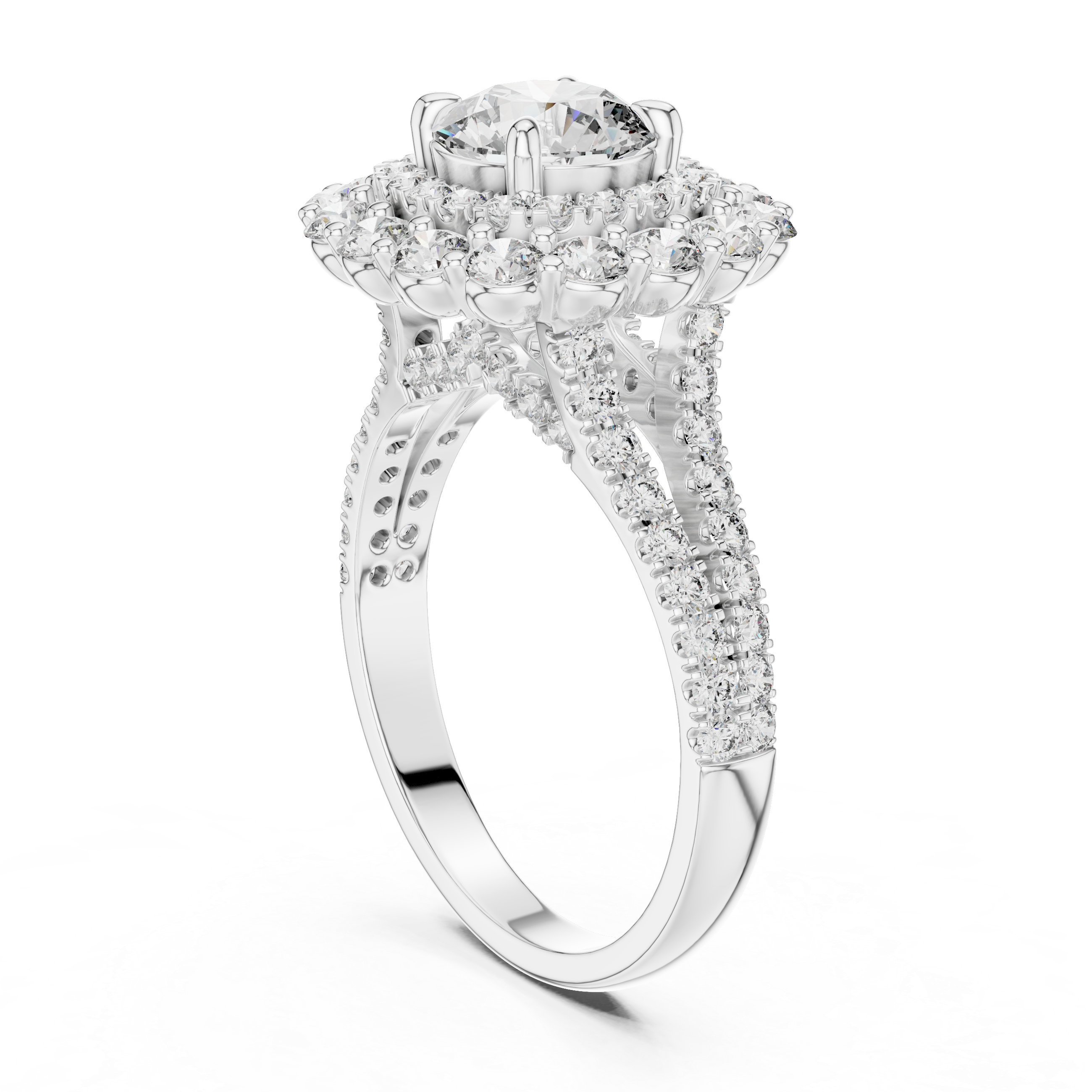 Round Cut Split Shank Double Halo Ring