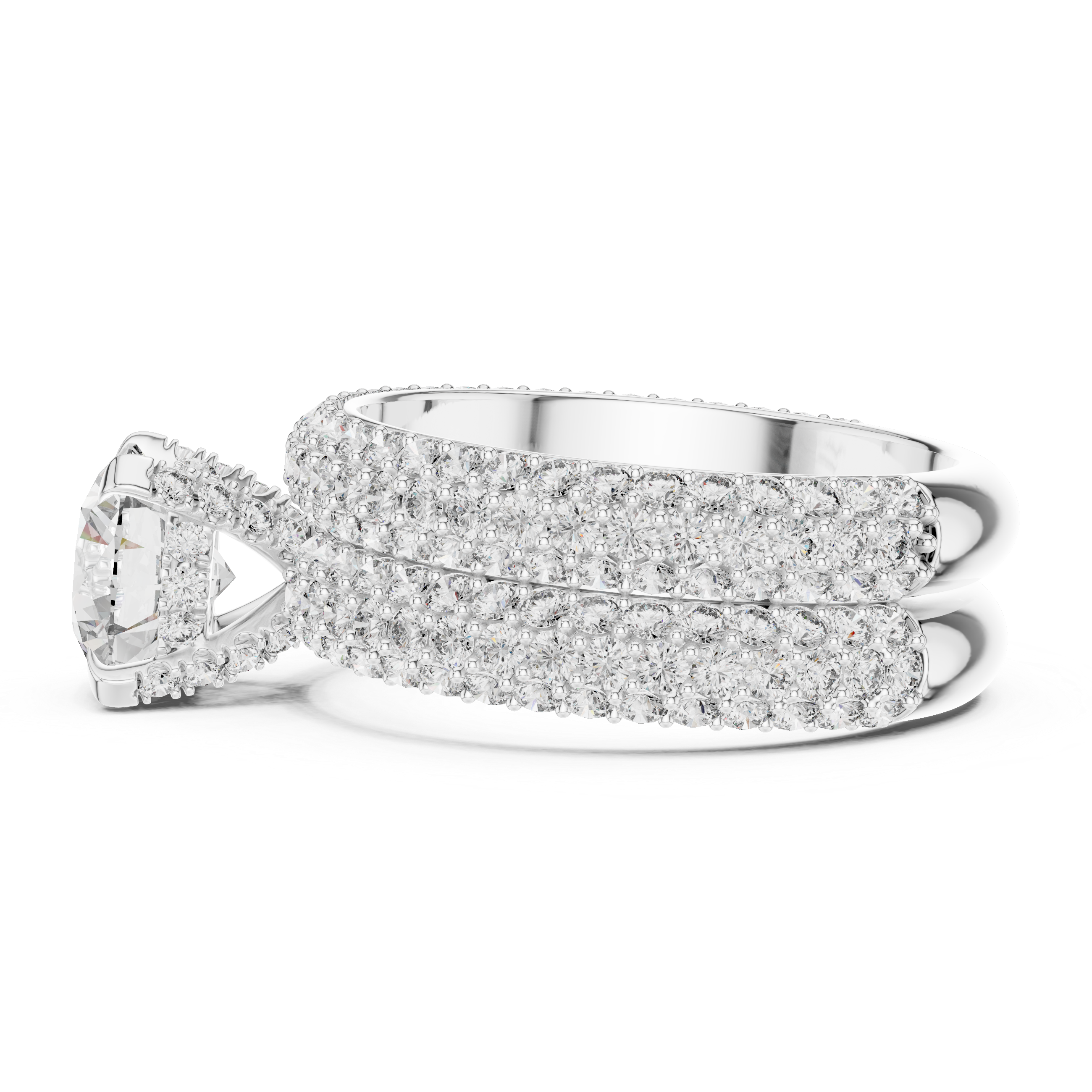 Triple Row Pavé Round Diamond Bridal Ring Set